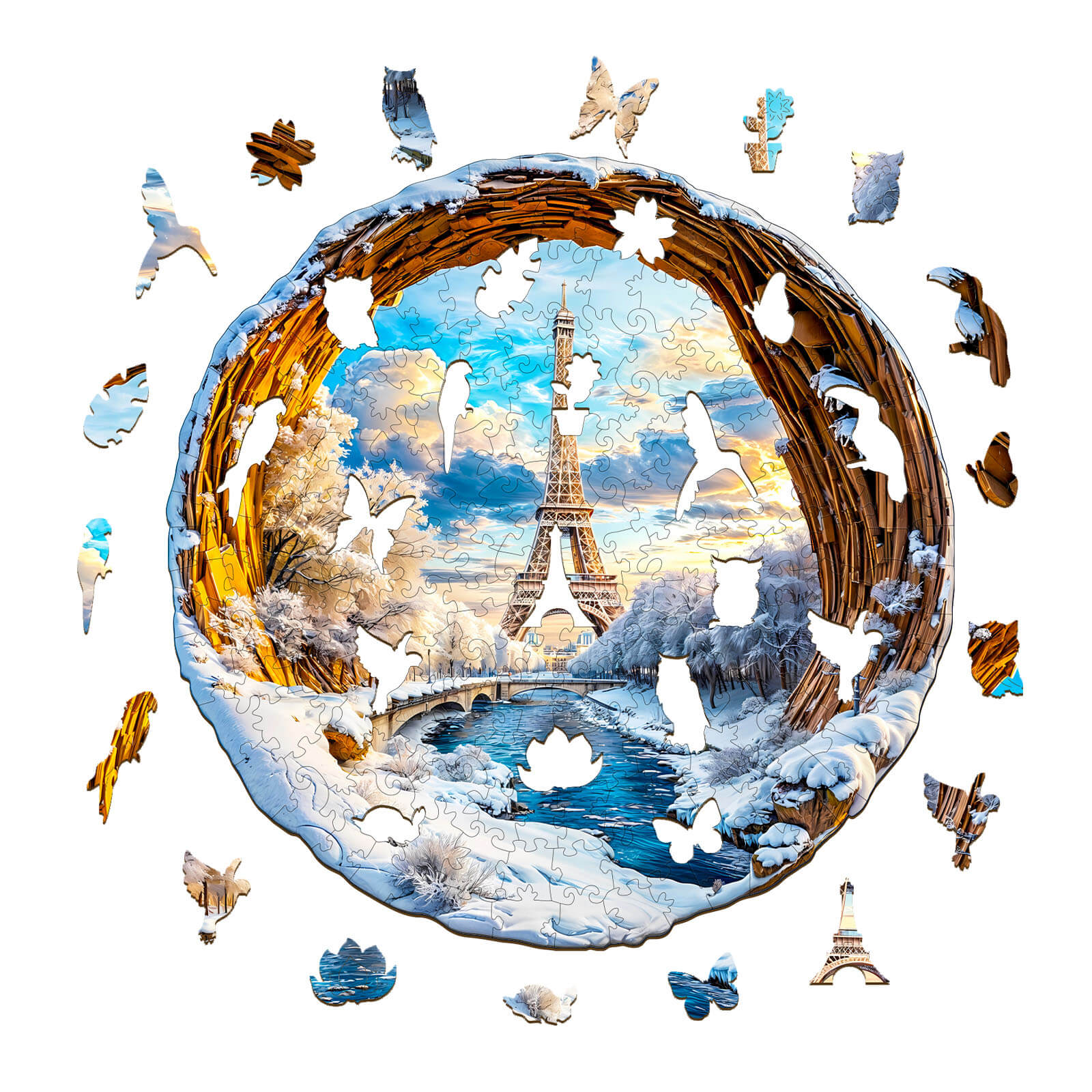 3D Four Seasons in Paris wooden jigsaw puzzle showcasing iconic Eiffel Tower and nature elements, perfect for mind games.