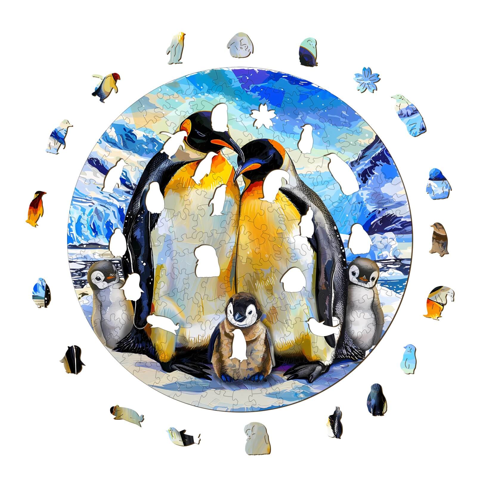 Penguin family-2 wooden jigsaw puzzle featuring penguins in a snowy landscape, ideal for mind games and enhancing focus.