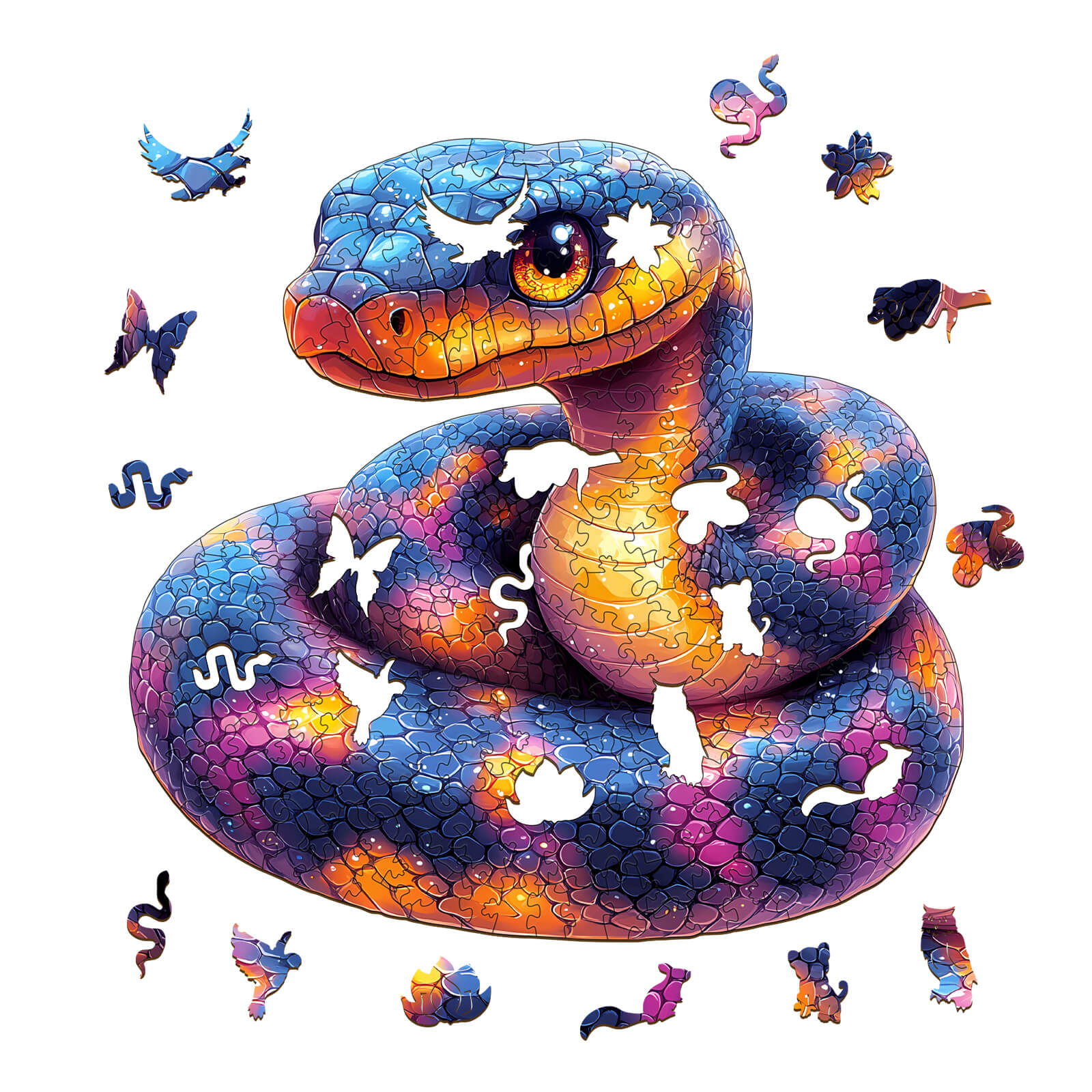 Colorful snake wooden jigsaw puzzle pieces, designed for mind games and enhancing focus, perfect for puzzle enthusiasts.