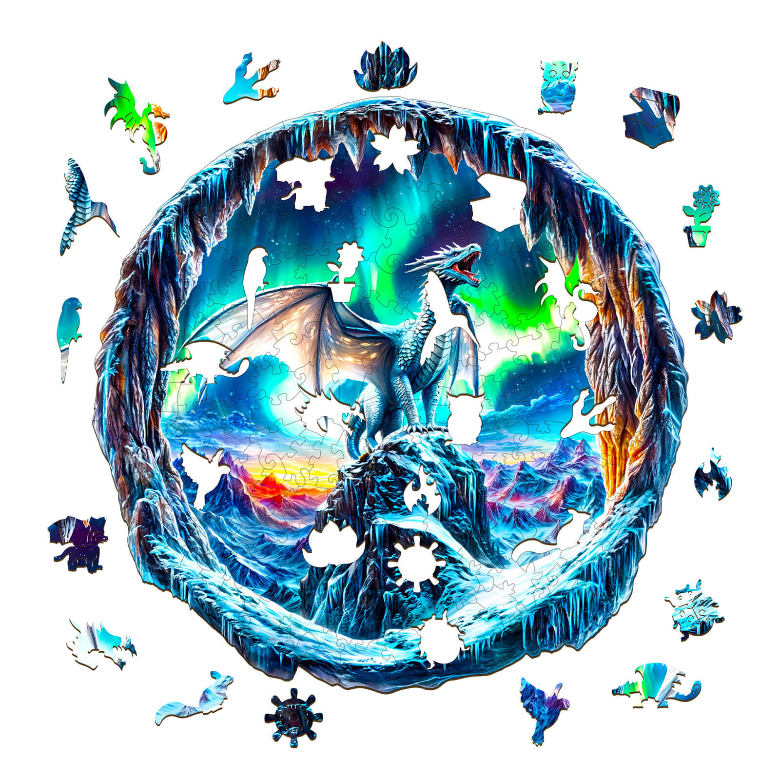 3D wooden jigsaw puzzle featuring a frost dragon under the aurora borealis with colorful puzzle pieces.