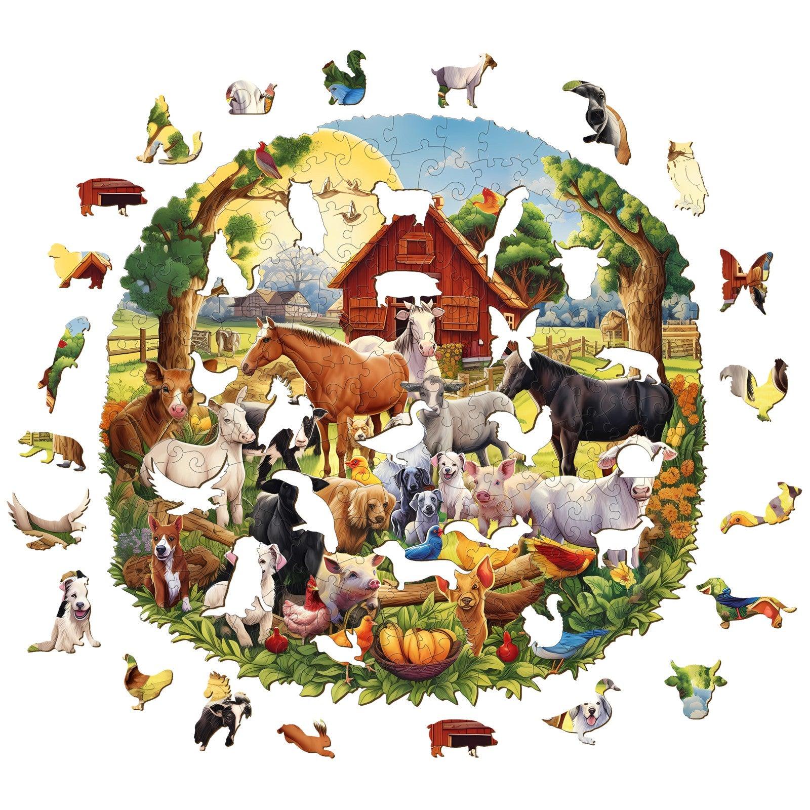 Fun Farm Wooden Jigsaw Puzzle featuring colorful farm animals and a vibrant barn scene.
