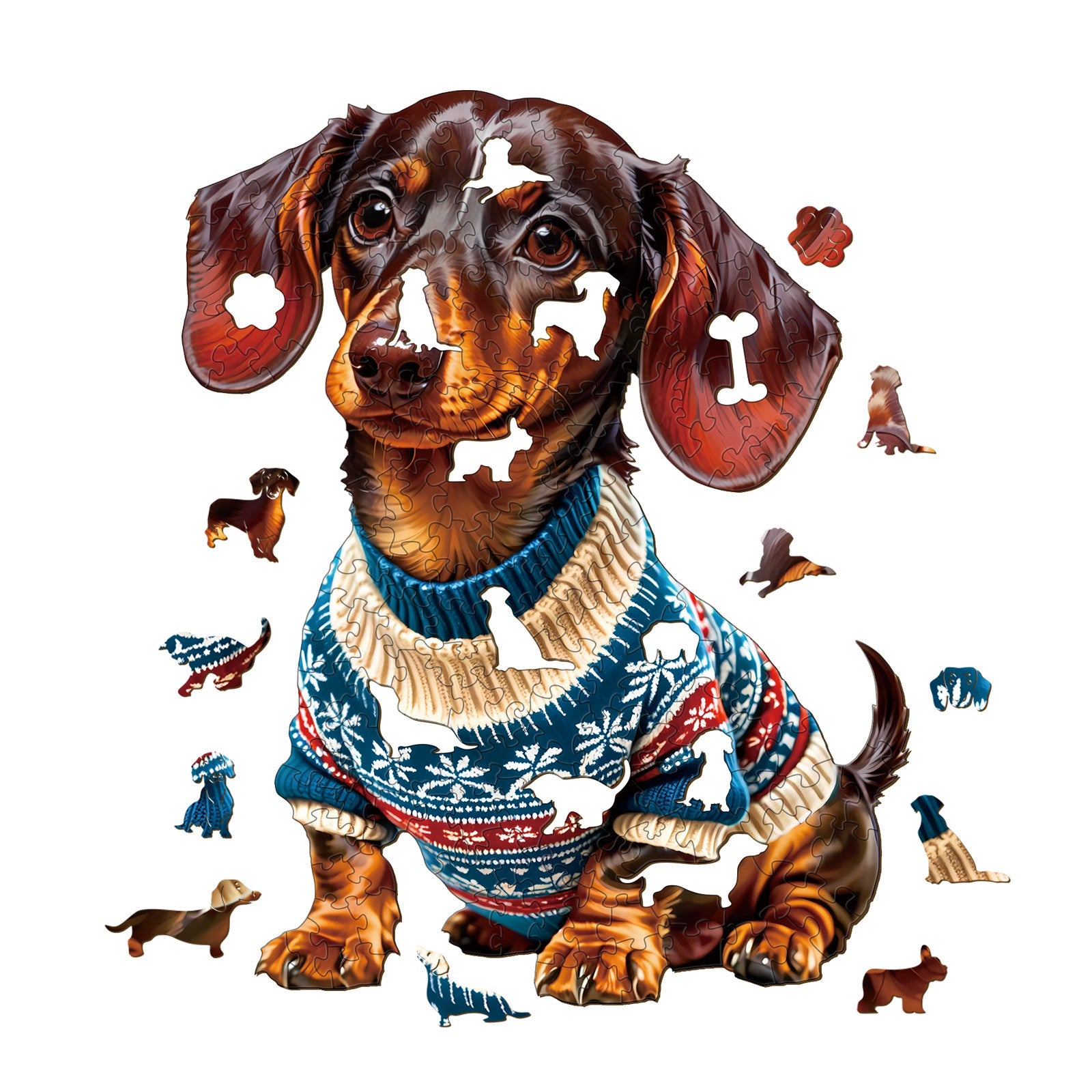 Trendy Dachshund wooden jigsaw puzzle pieces featuring a cute dog in a sweater, designed for brain games and focus.
