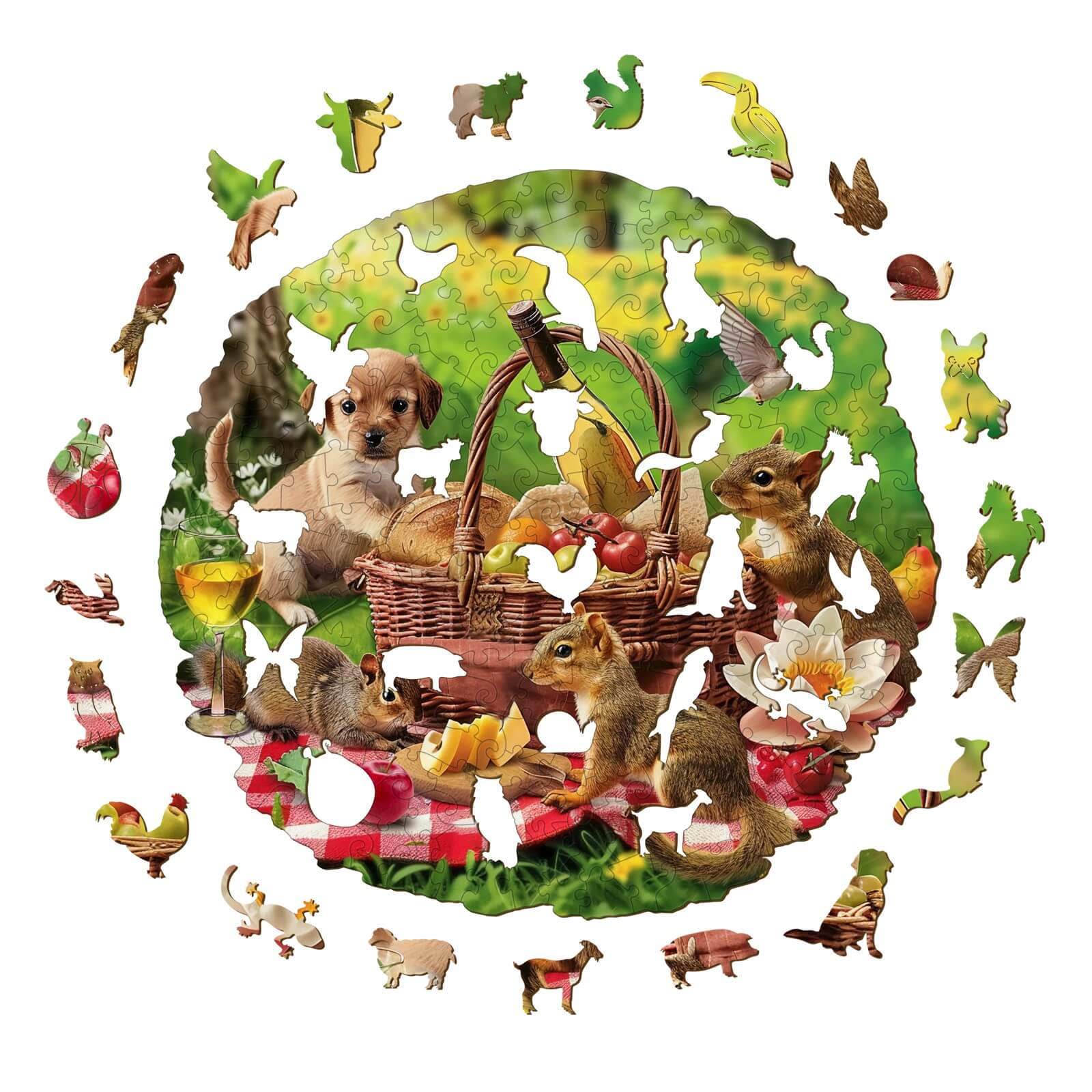 Colorful Animal Picnic Wooden Jigsaw Puzzle pieces featuring playful puppies and furry critters around a picnic basket.