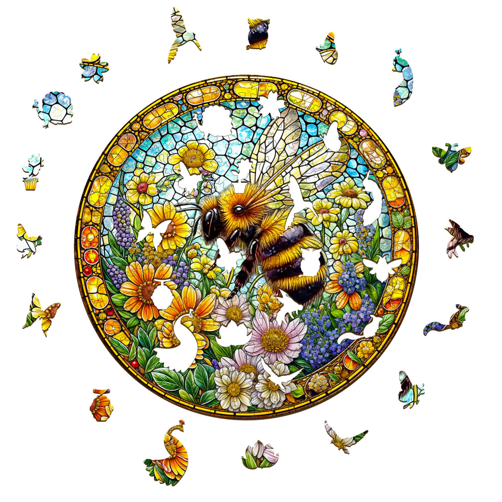 Vibrant Bee spring wooden jigsaw puzzle with flowers and butterflies, perfect for mind games and enhancing focus.