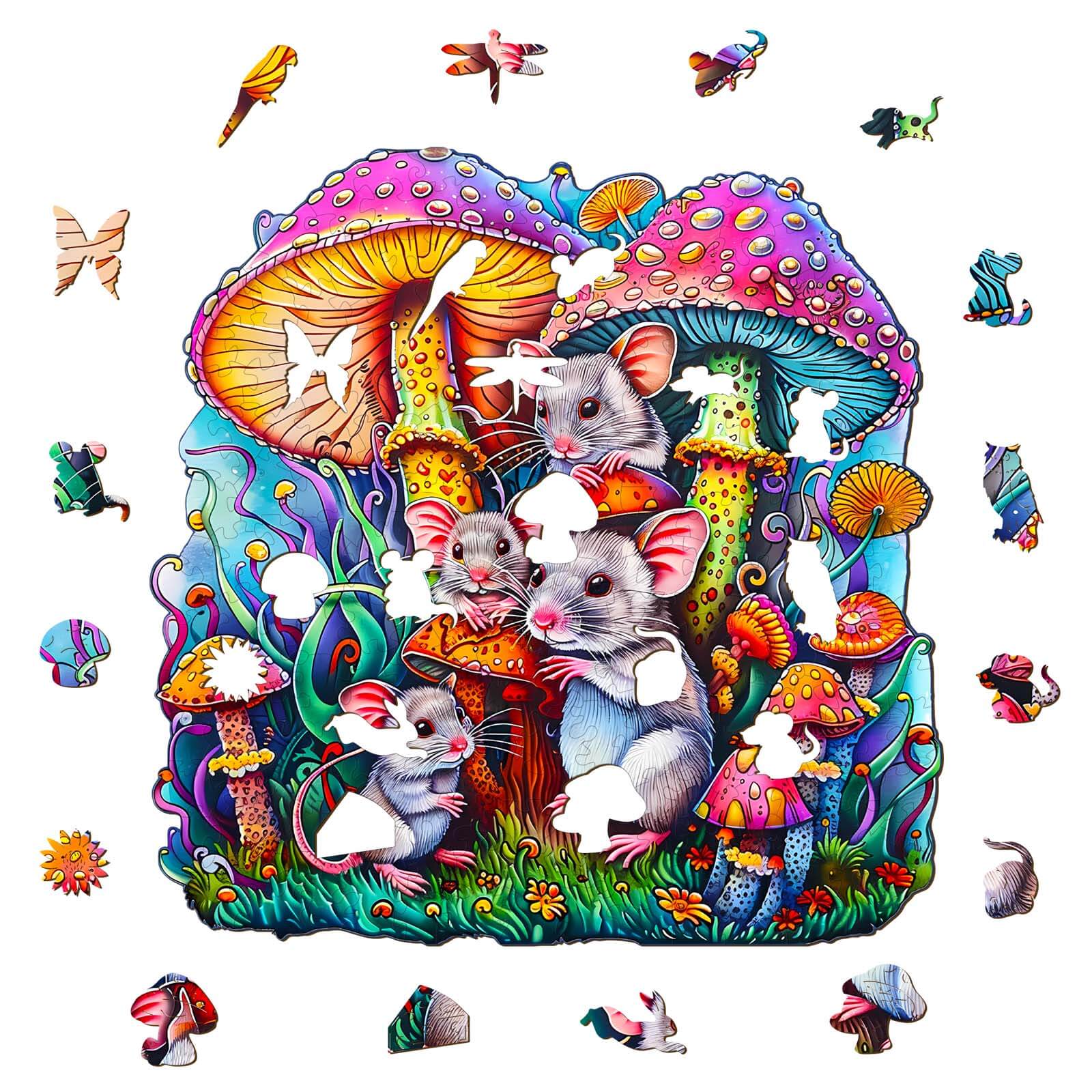 Colorful Mouse Family wooden jigsaw puzzle featuring vibrant mushrooms and butterflies, designed for mind games and focus.