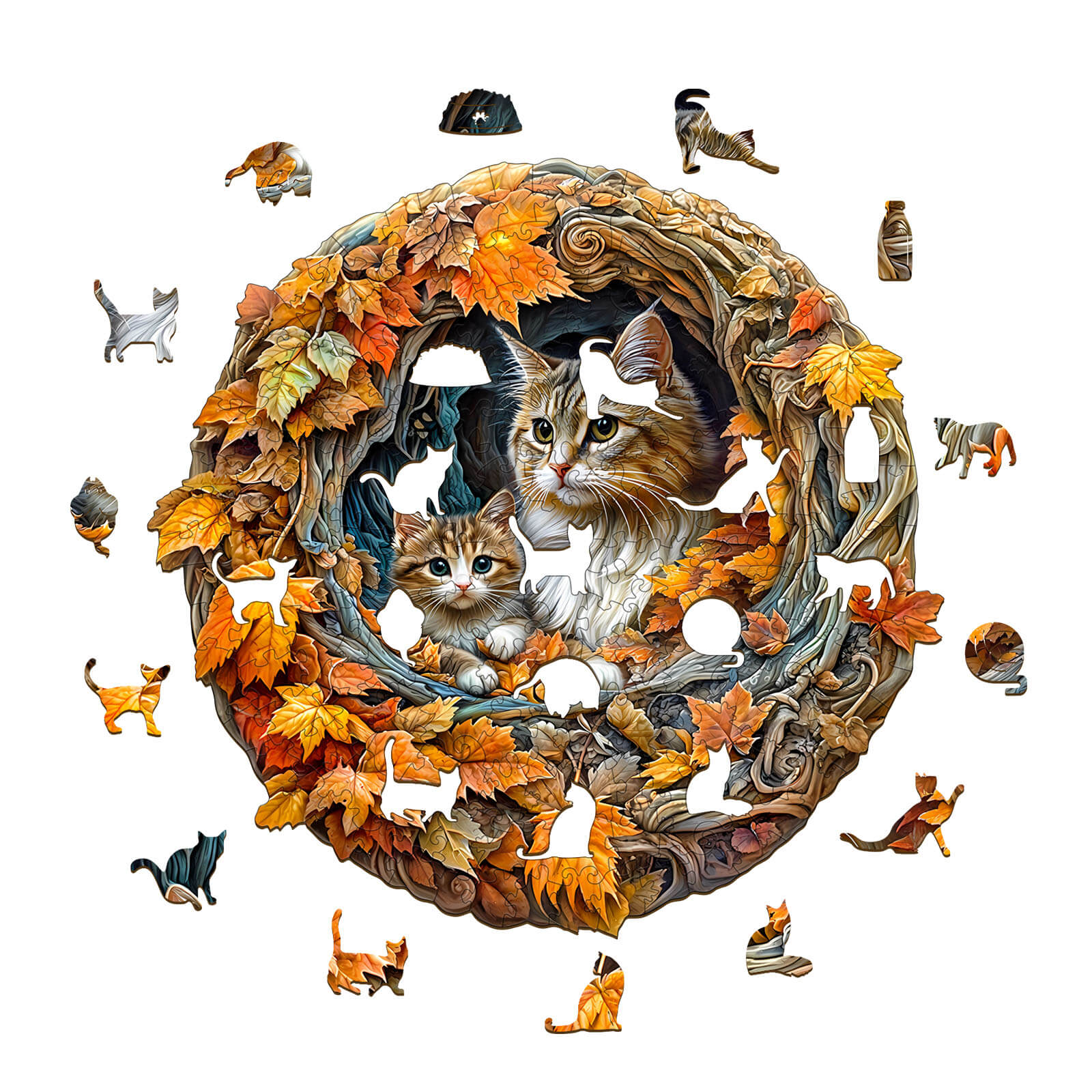3D cat mom jigsaw puzzle with autumn leaves and playful kittens, perfect for enhancing focus and cognitive skills.