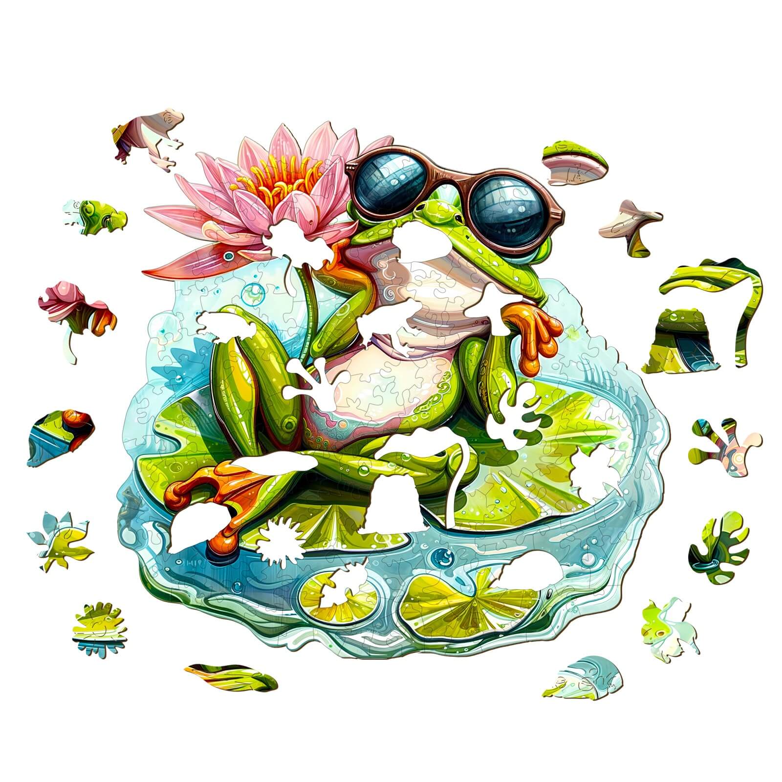 Leisurely Frog-1 wooden jigsaw puzzle featuring a relaxed frog on a lily pad with a pink lotus flower.
