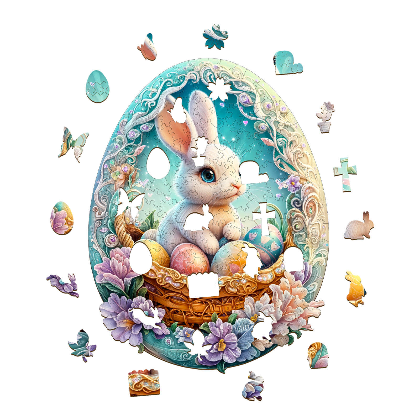 Wonderland Easter-2 wooden jigsaw puzzle featuring a bunny in a colorful egg design, perfect for mind games and focus.