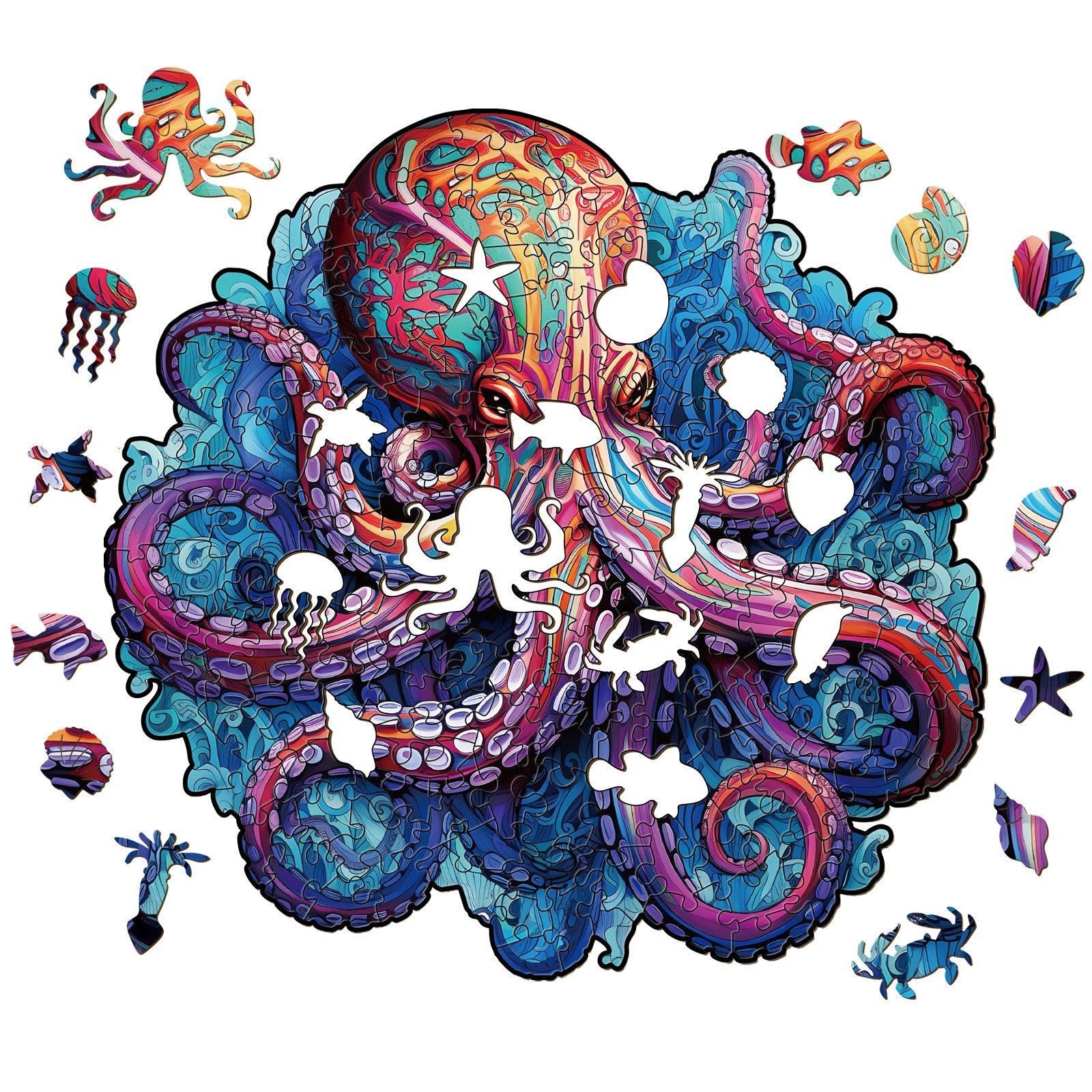 Colorful Deep Sea Giant Octopus wooden jigsaw puzzle with marine life pieces, perfect for family fun and ocean lovers.