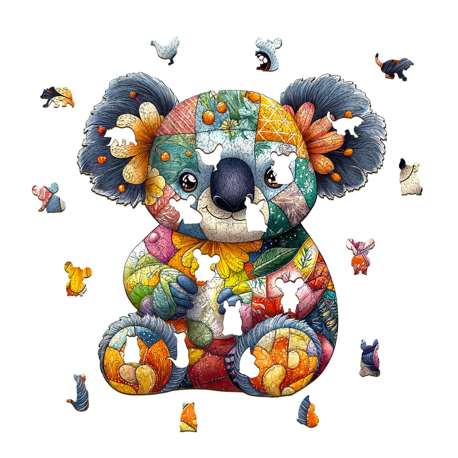 Colorful Patchwork Koala Wooden Jigsaw Puzzle with missing pieces, designed for enhancing focus and cognitive skills.