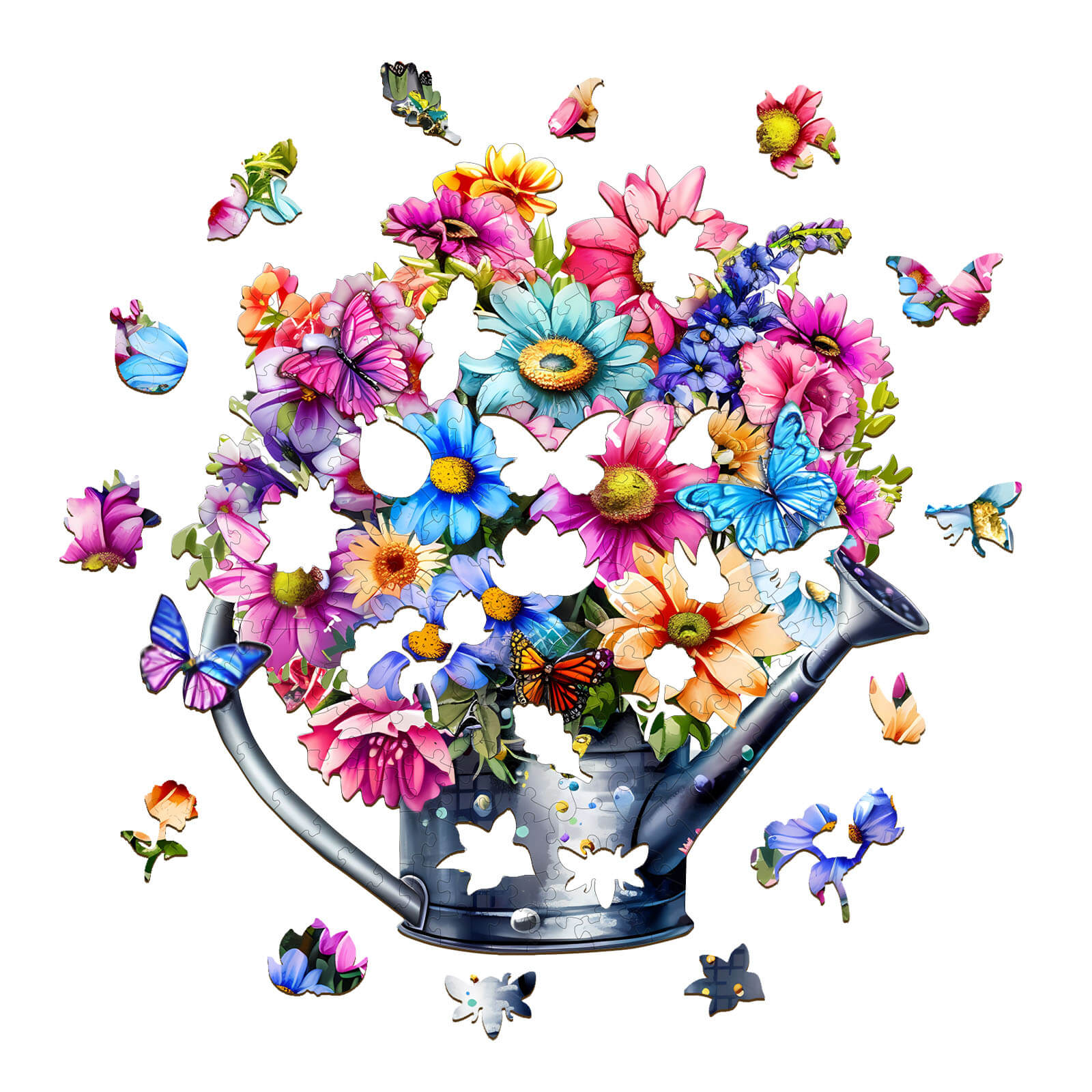 Beautiful Flower Wooden Jigsaw Puzzle with colorful flowers and butterflies in a watering can, perfect for mind games.