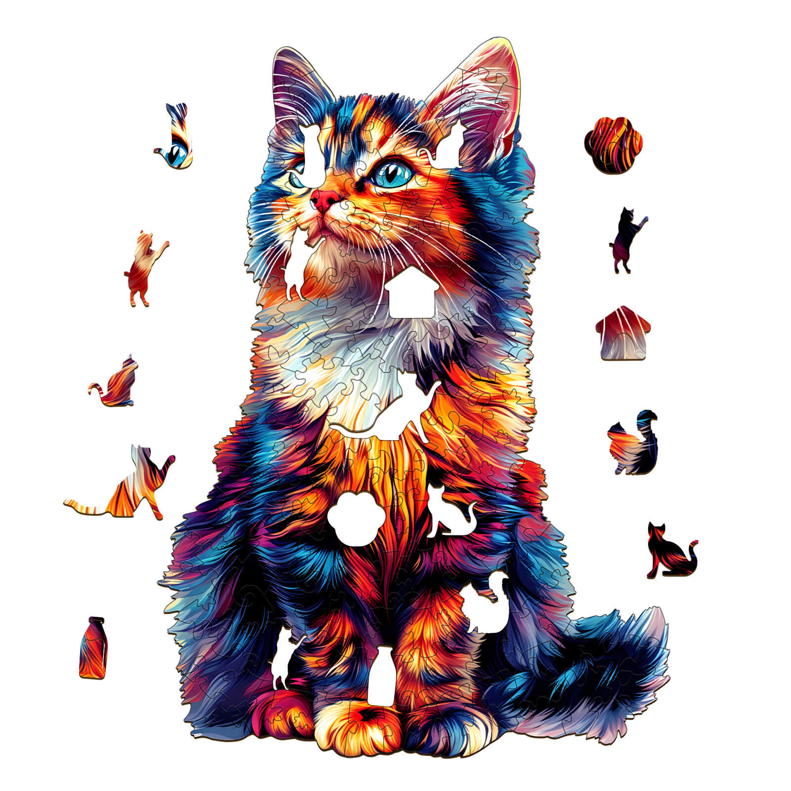 Colorful cat wooden jigsaw puzzle with missing pieces, designed for fun and brain stimulation.