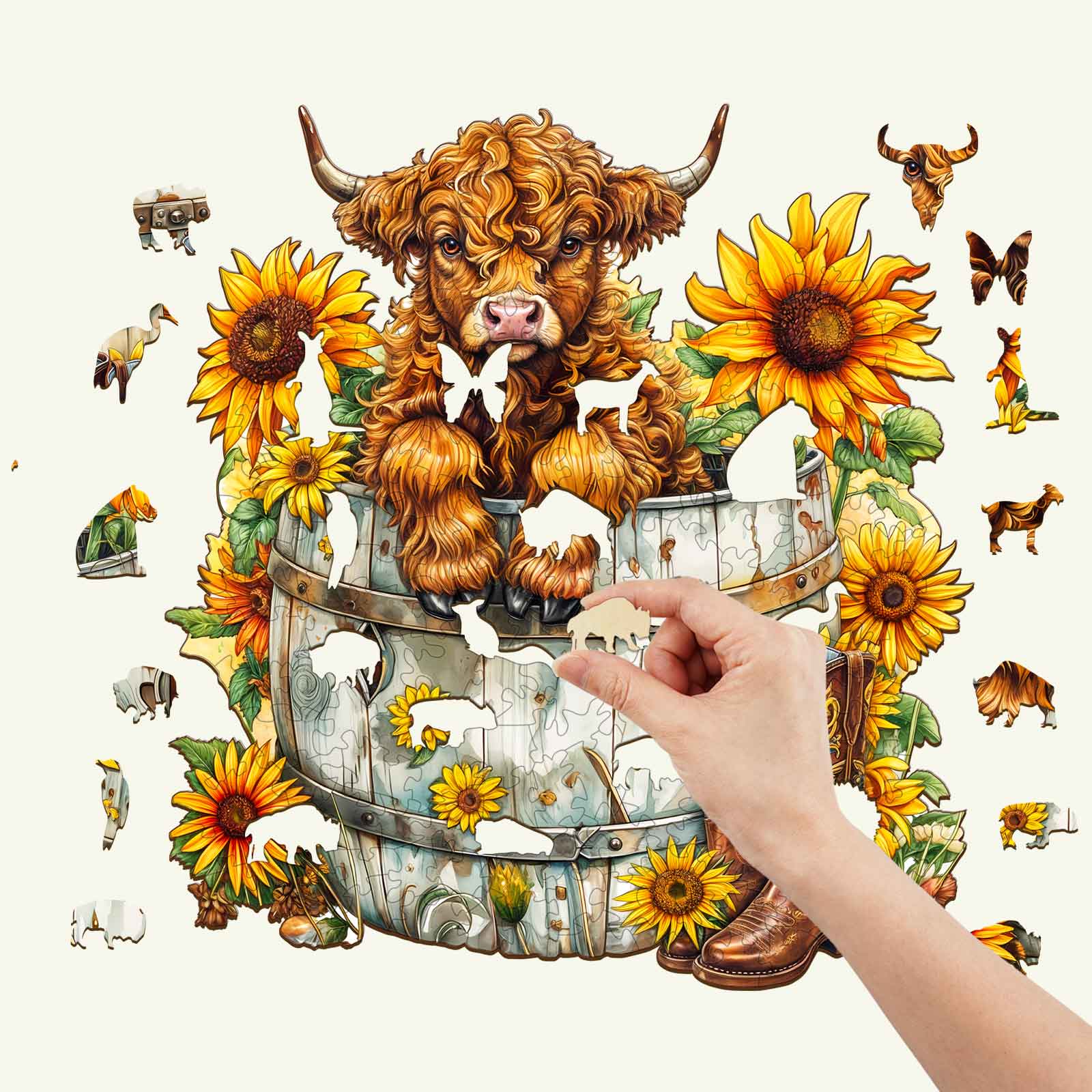 A person assembling the Sunflower Pasture-2 wooden jigsaw puzzle featuring a cow, sunflowers, and farm elements.