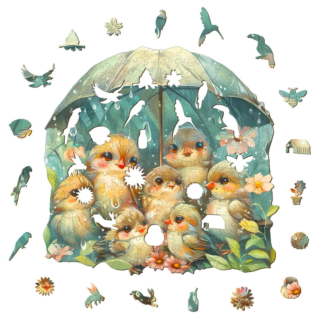 Puzzle en bois oiseau tenant un parapluie