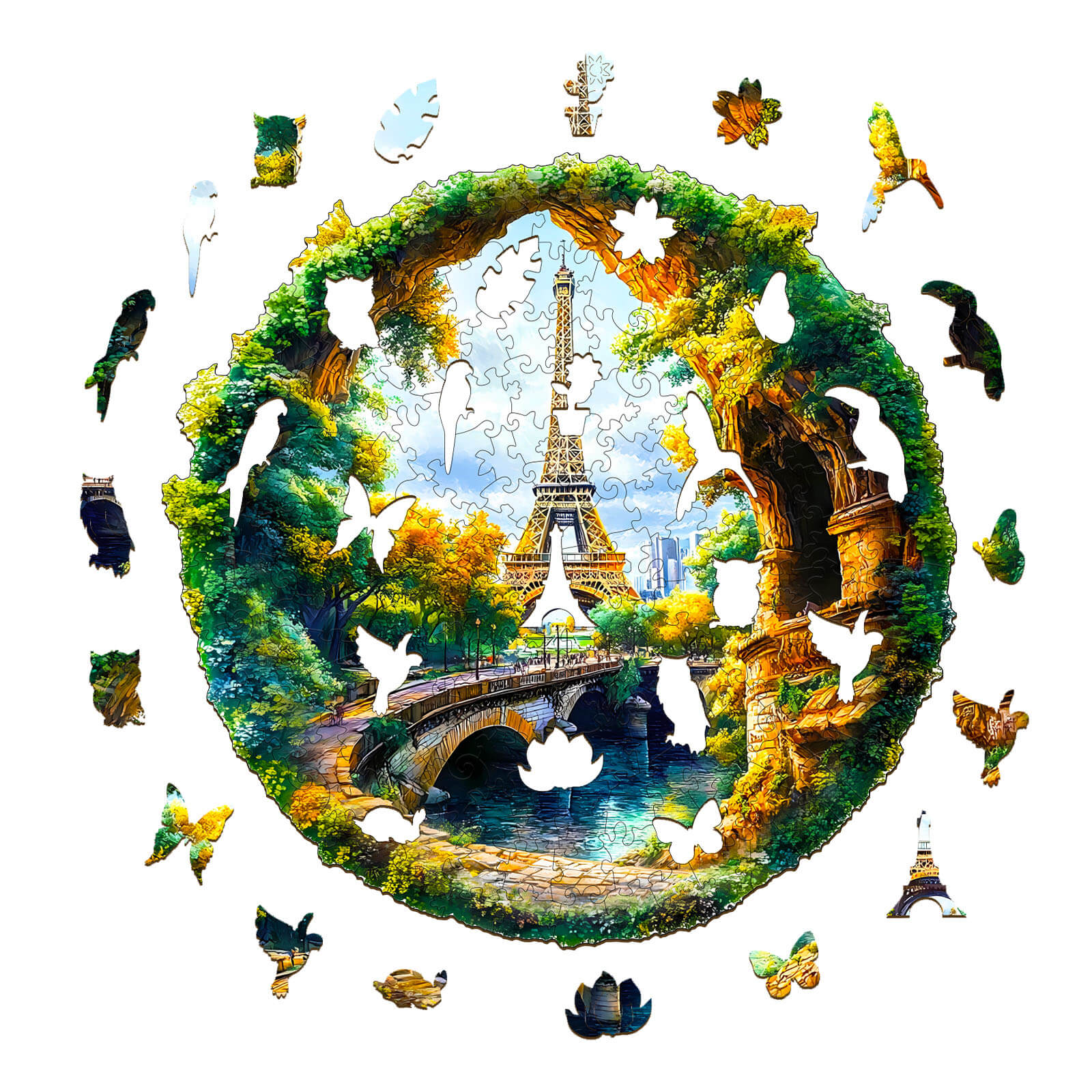 3D Four Seasons in Paris wooden jigsaw puzzle featuring the Eiffel Tower and vibrant nature, perfect for puzzling enthusiasts.