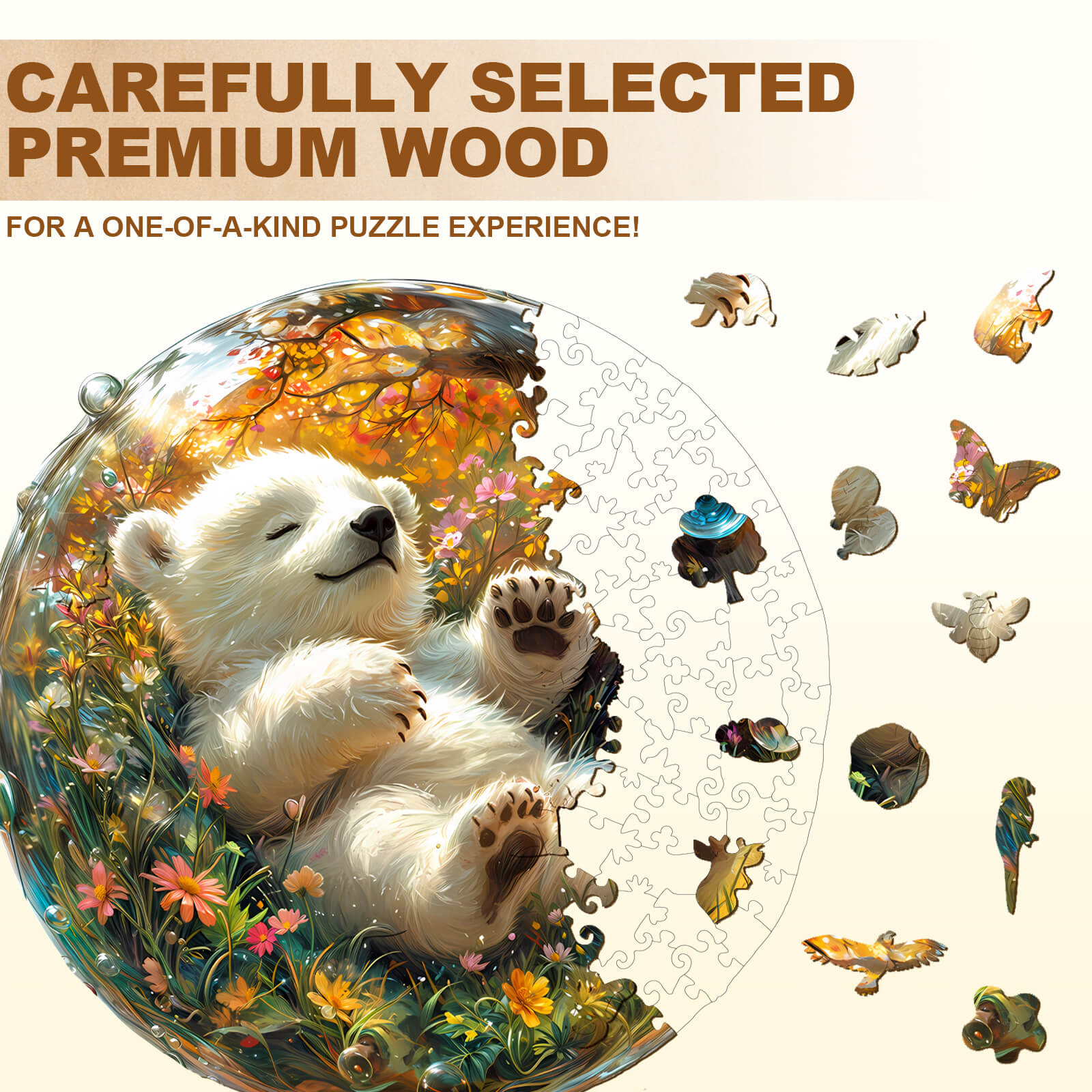 Bubble bear wooden jigsaw puzzle showcasing premium wood pieces and vibrant artwork for fun mind games.