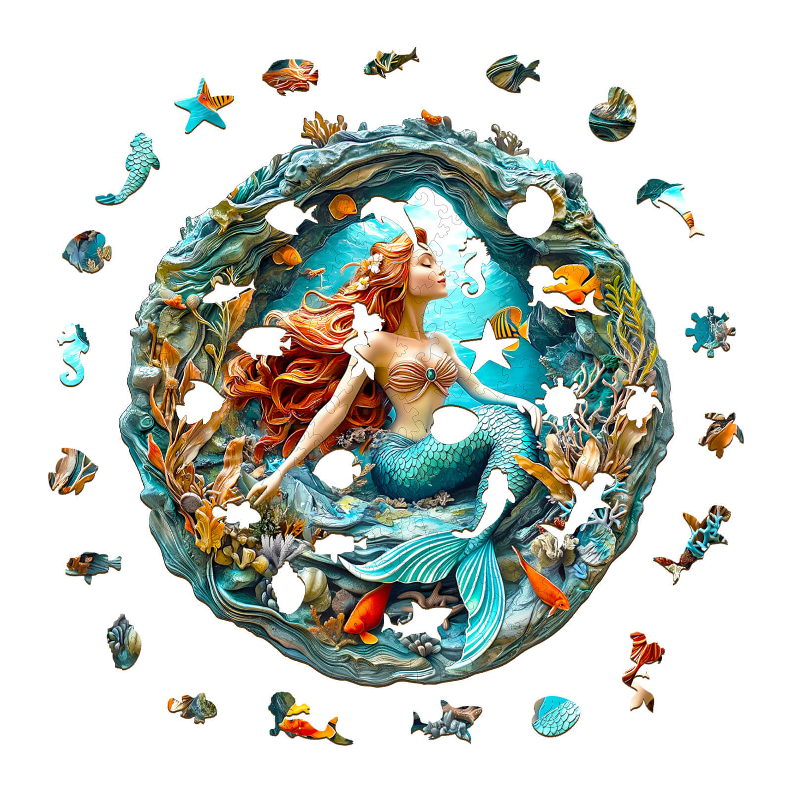3D Mermaid's Secret Cave wooden jigsaw puzzle featuring a mermaid surrounded by colorful sea creatures.