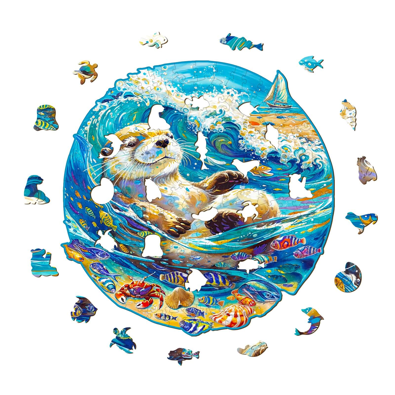 Leisurely Otter Wooden Jigsaw Puzzle featuring a cute otter swimming among colorful fish and waves.