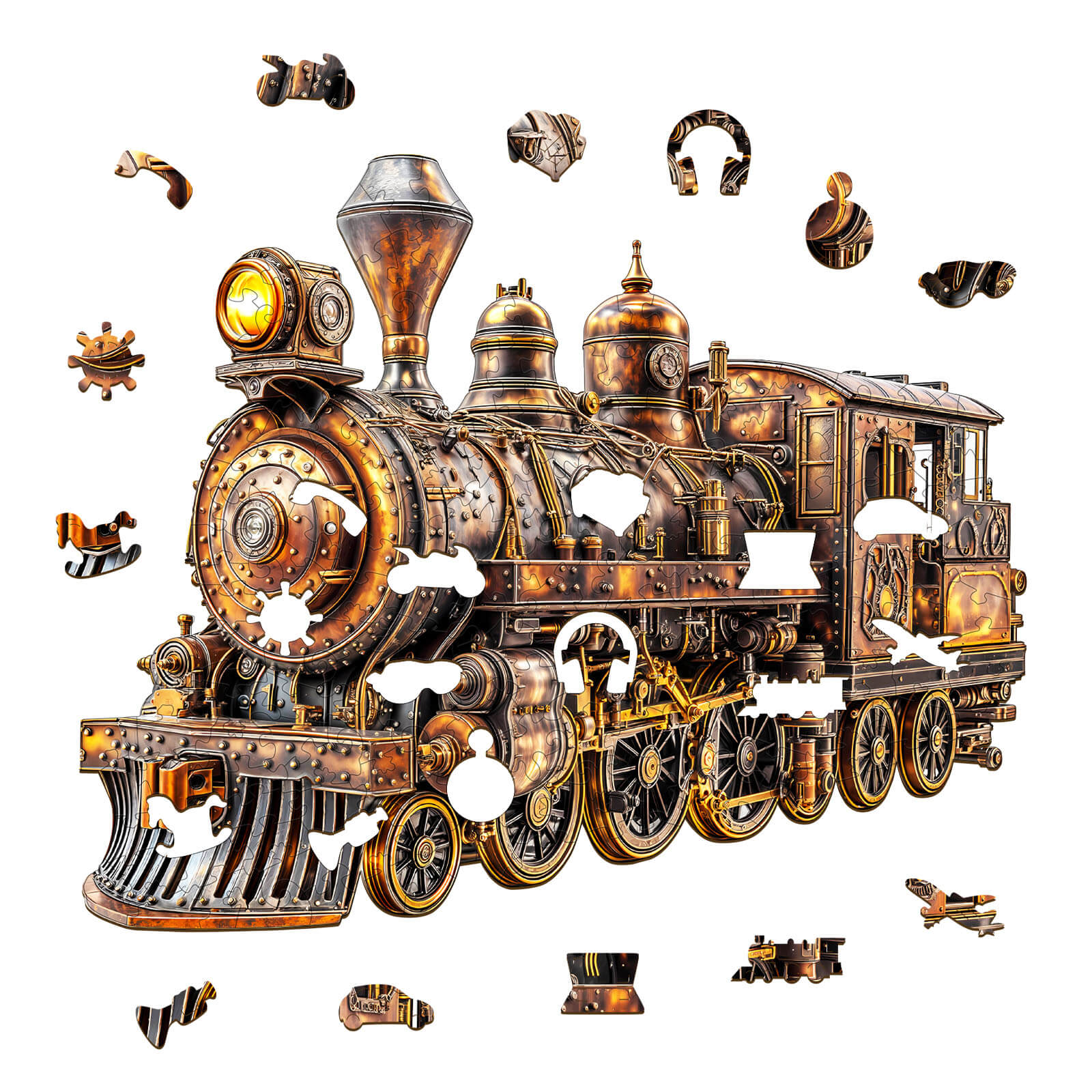 Detailed 3D Mechanical Steam Train Wooden Jigsaw Puzzle pieces in vibrant colors, showcasing intricate design elements.