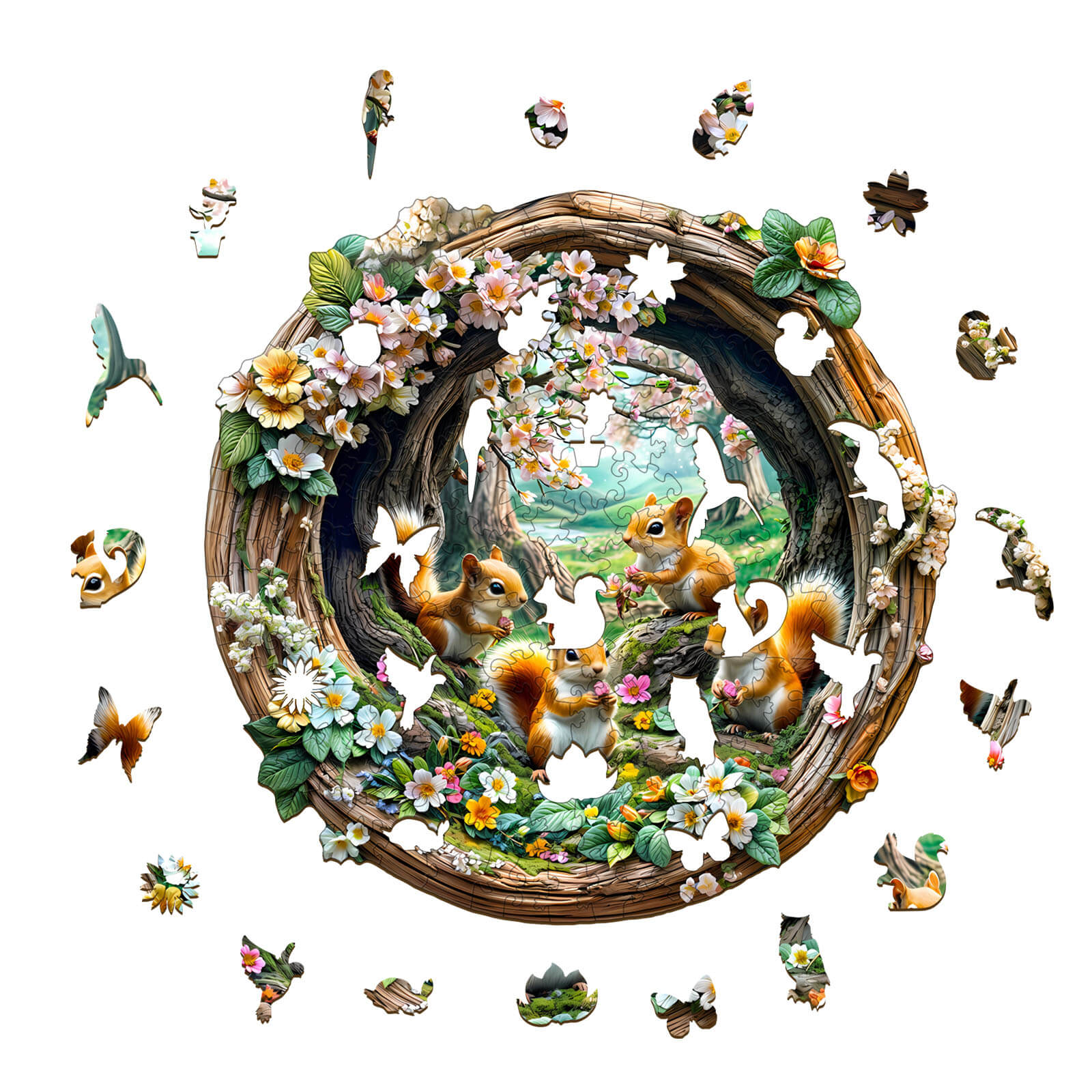 3D Spring Squirrel wooden jigsaw puzzle with vibrant flowers and nature scene, engaging for brain games and focus.