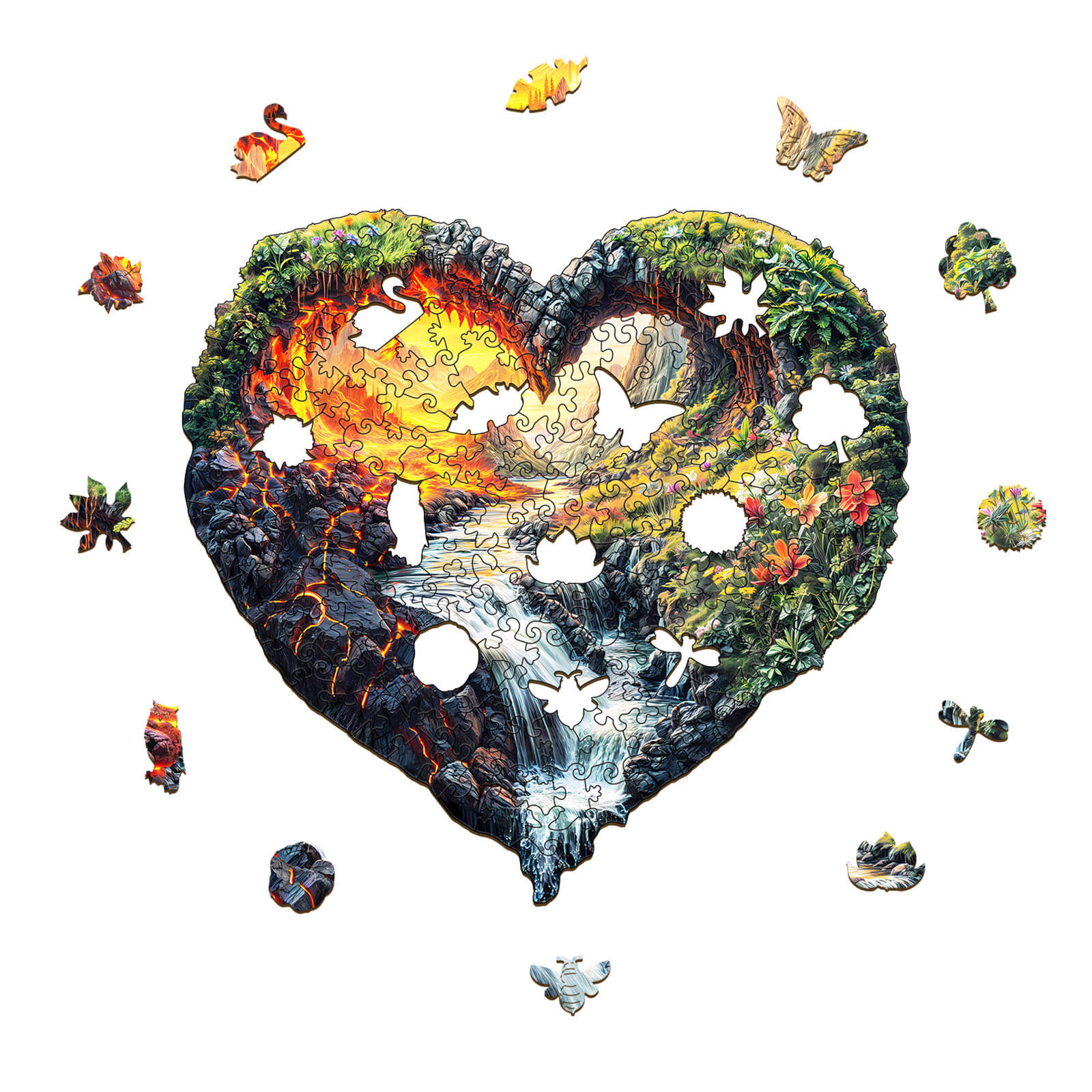 ETERNAL FLOW Wooden Jigsaw Puzzle shaped like a heart, featuring a vibrant waterfall scene and colorful wildlife.