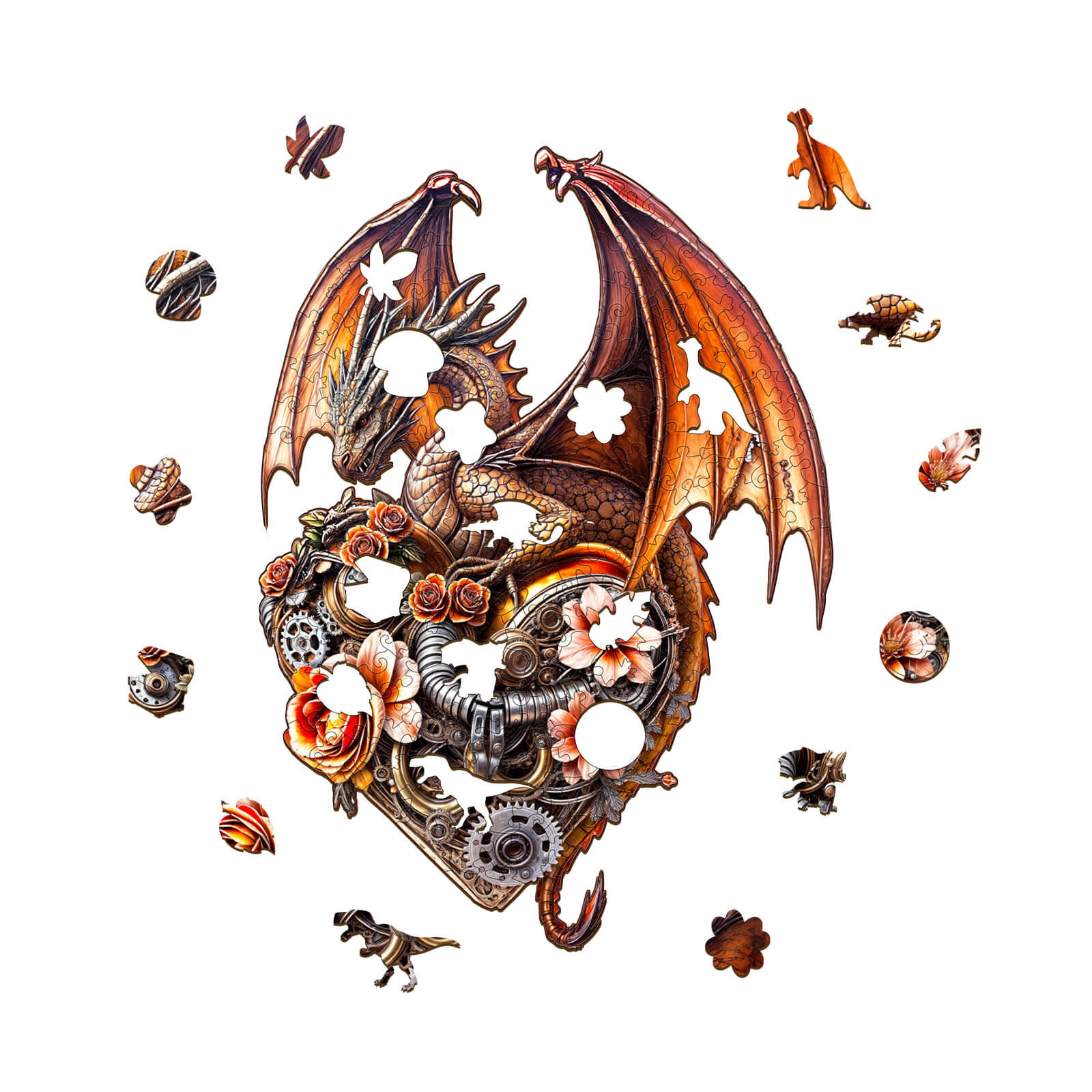 Dragon Heart Machina wooden jigsaw puzzle featuring intricate dragon design and floral elements, ideal for puzzle lovers.