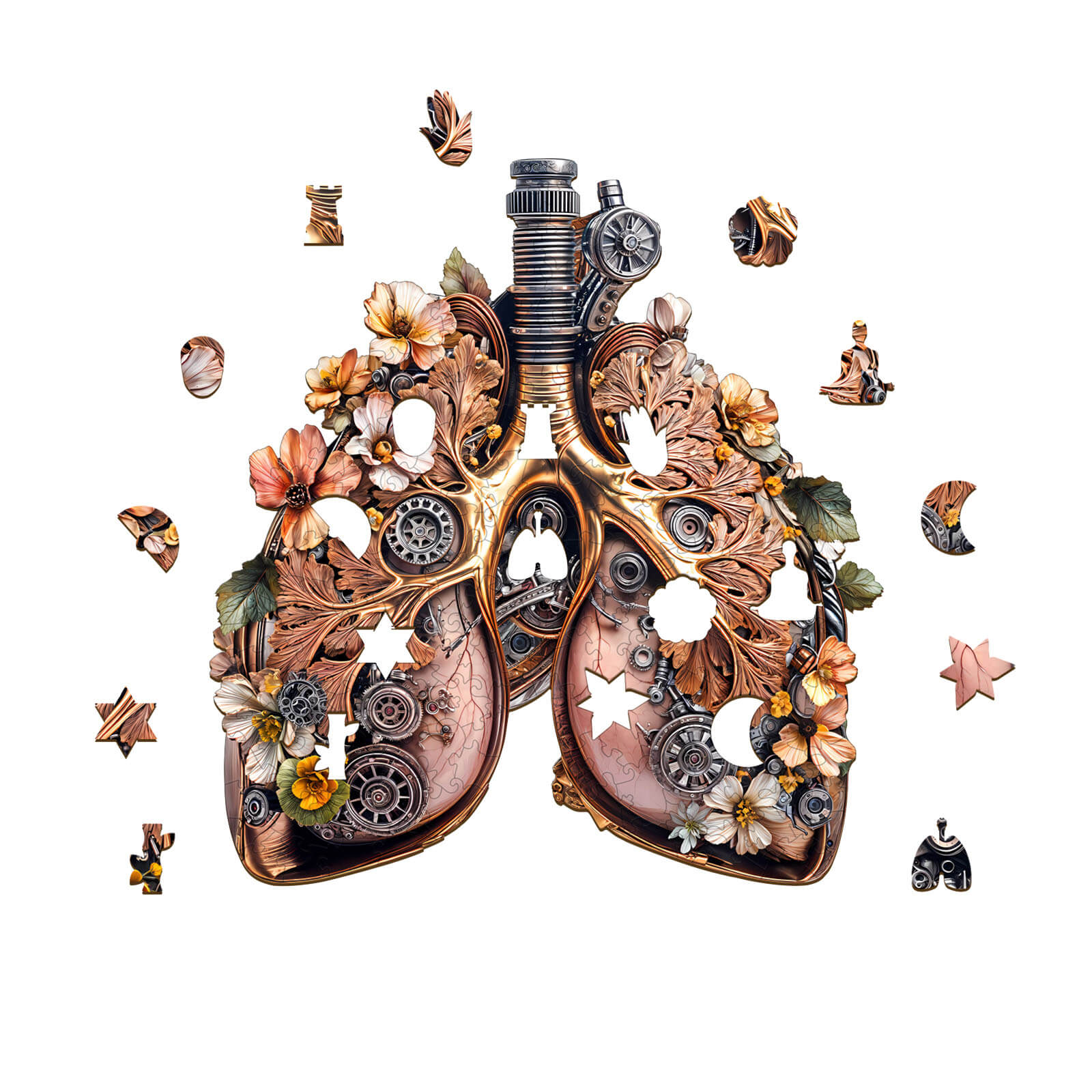 3D Mechanical Lung wooden jigsaw puzzle showcasing intricate gears and floral designs, perfect for brain training and focus.