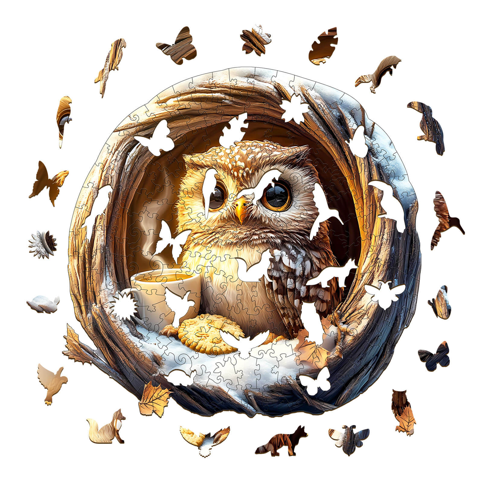 3D Cave Cute Owl wooden jigsaw puzzle with various animal shaped pieces, perfect for focused puzzle solving and mental games.