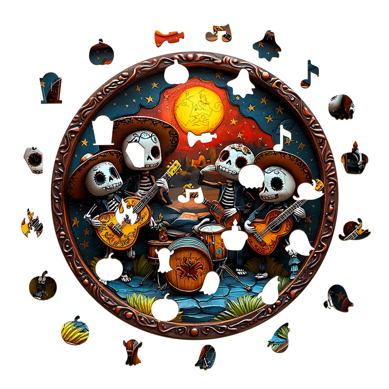 3D Mexican Bands wooden jigsaw puzzle featuring colorful skeleton musicians under a bright moon.