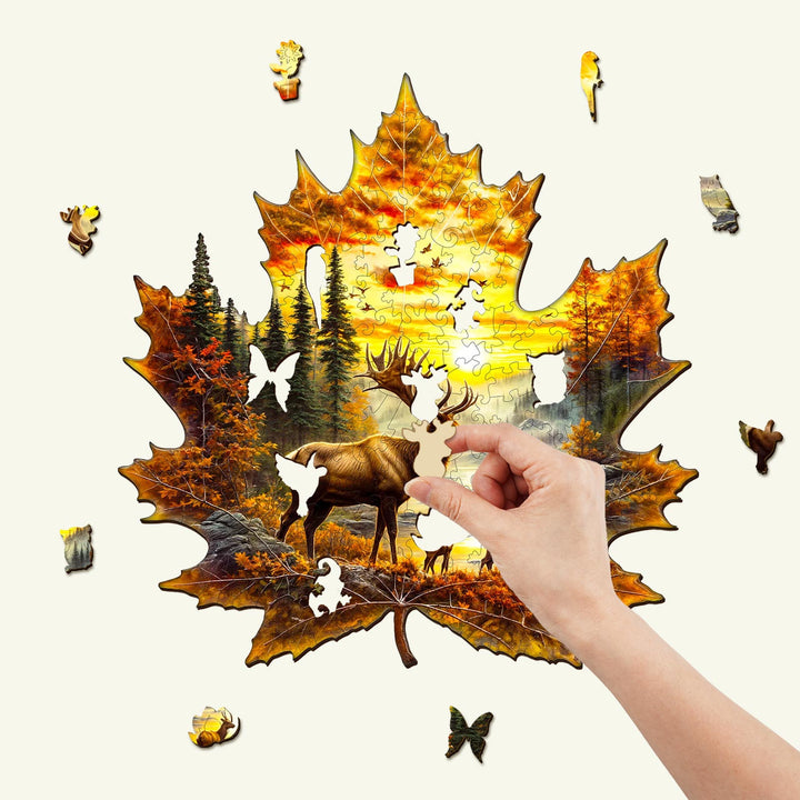 Elk and maple leaves Wooden Jigsaw Puzzle