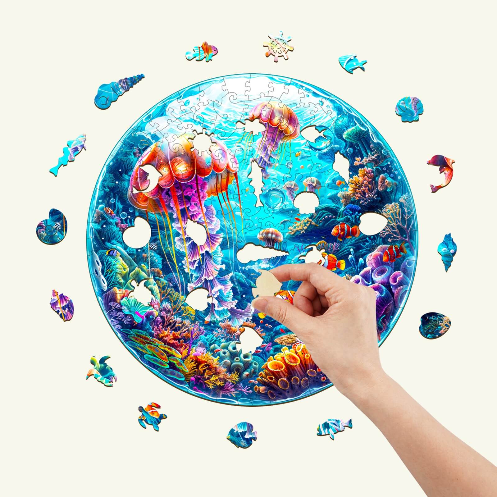 Person assembling a colorful Spherical Ocean jigsaw puzzle with sea creatures and jellyfish design.