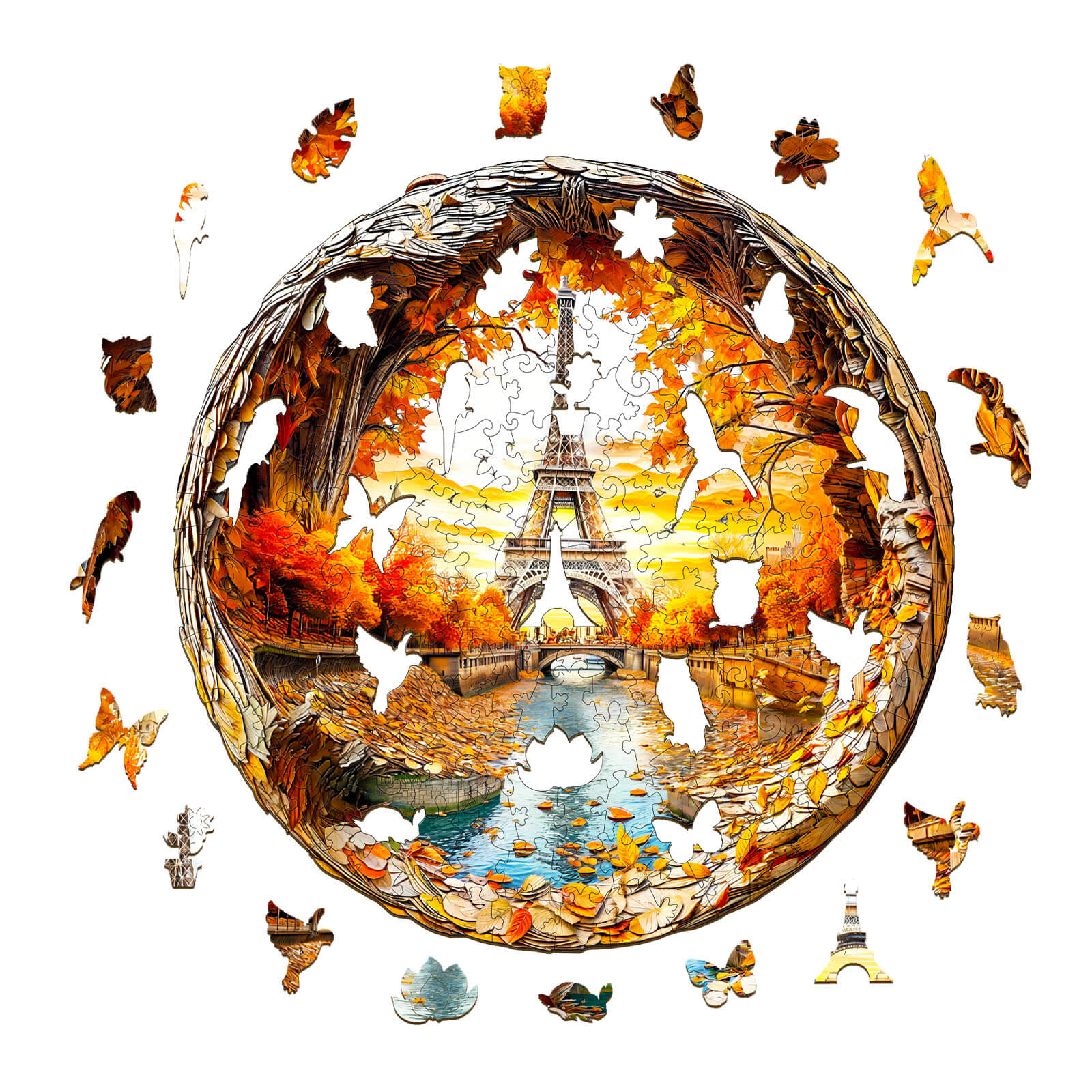 3D Four Seasons in Paris wooden jigsaw puzzle showcasing vibrant autumn scenery with the Eiffel Tower.