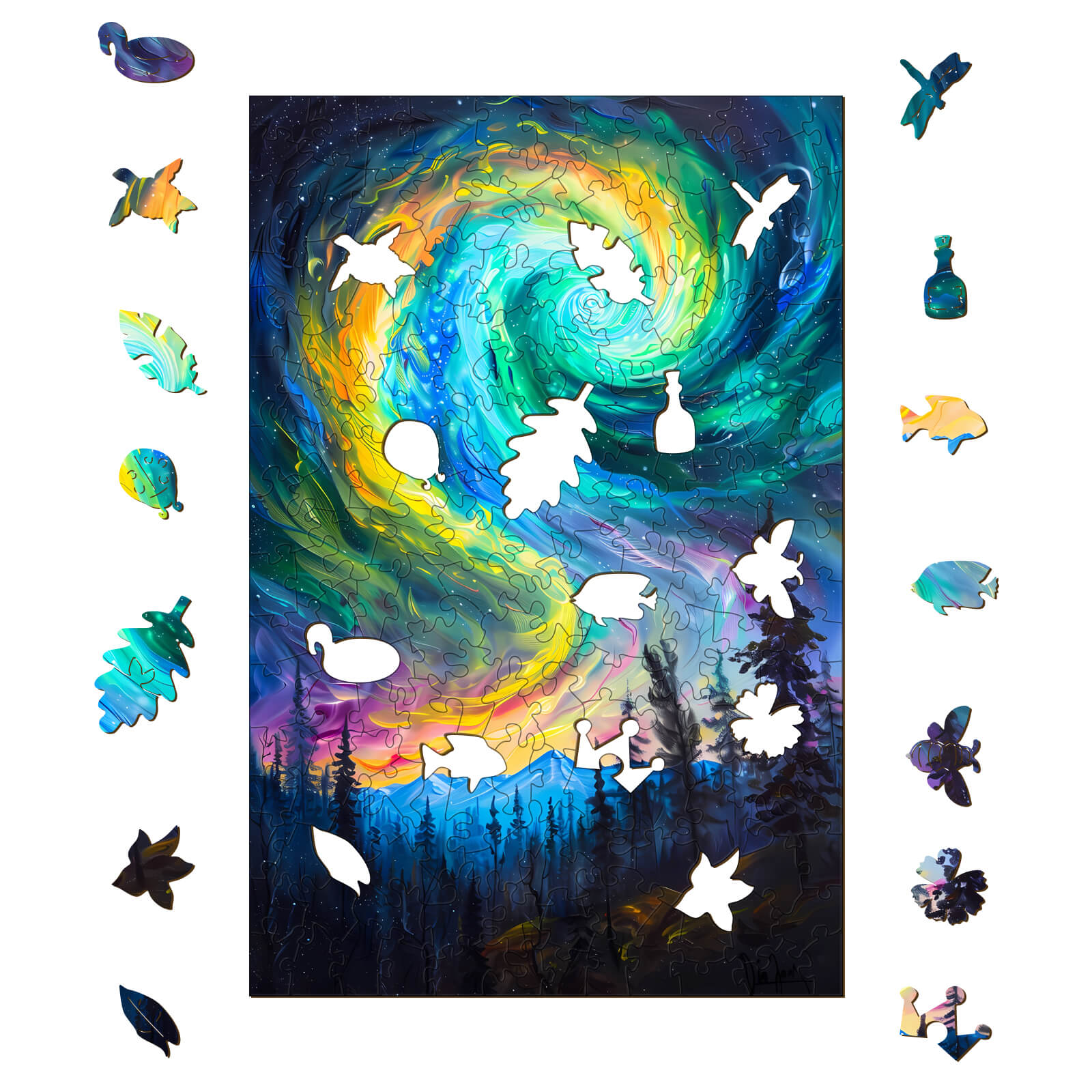 Night Aurora-1 wooden jigsaw puzzle with vibrant swirling colors and unique shaped pieces.