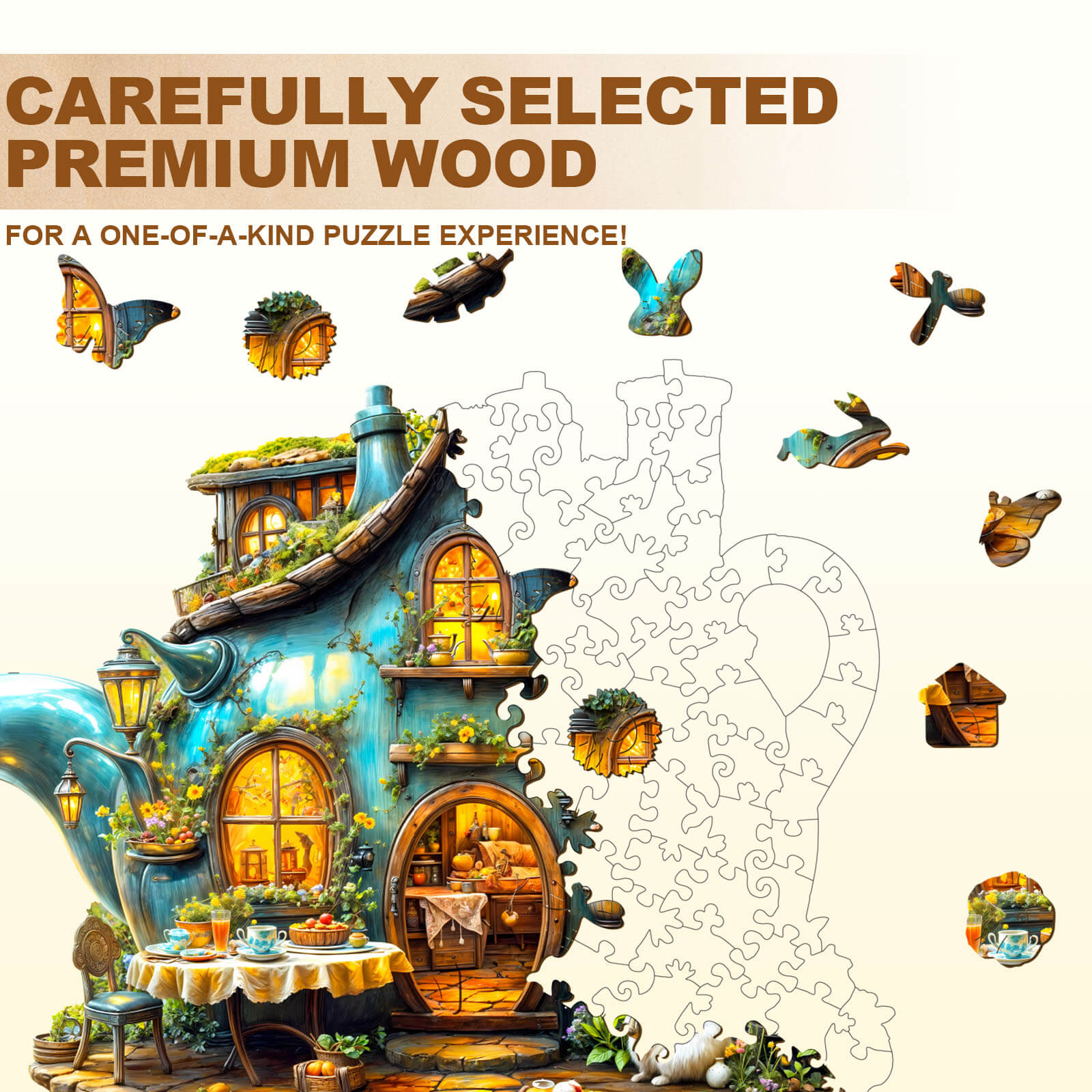 Colorful Rabbit's teapot wooden jigsaw puzzle pieces, showcasing premium wood craftsmanship for a unique experience.