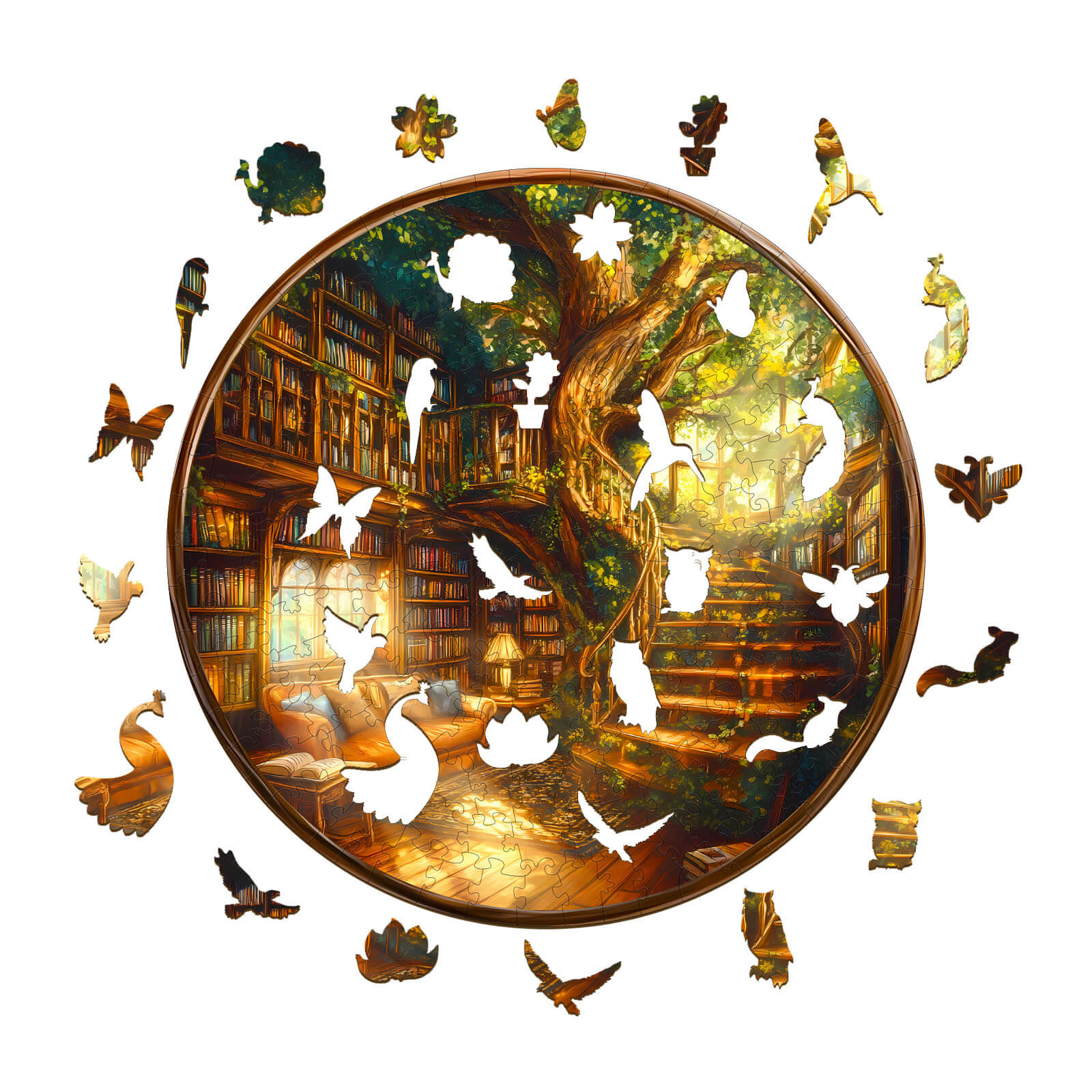 Charming Bookstore wooden jigsaw puzzle featuring a serene library scene with whimsical nature elements.