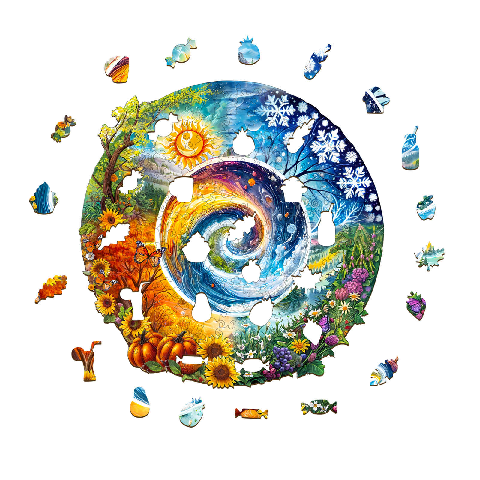 Seasons of Life wooden jigsaw puzzle featuring vibrant seasonal imagery and interlocking pieces.