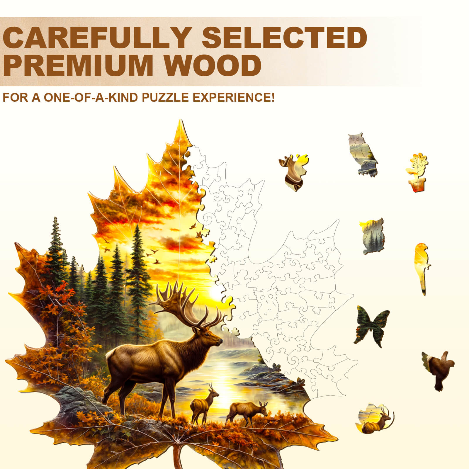 Elk and maple leaves Wooden Jigsaw Puzzle