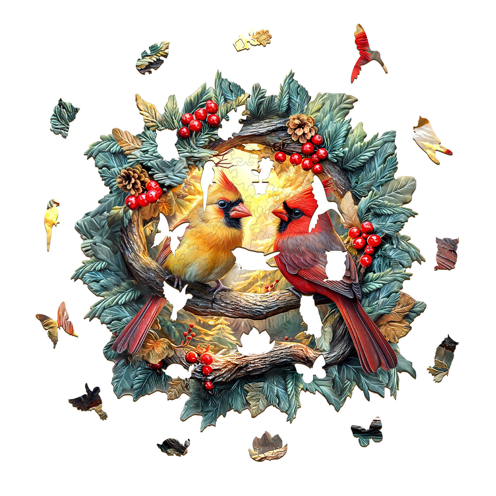 3D Northern Cardinal Wooden Jigsaw Puzzle featuring two vibrant cardinals on a branch with red berries and a nature backdrop.