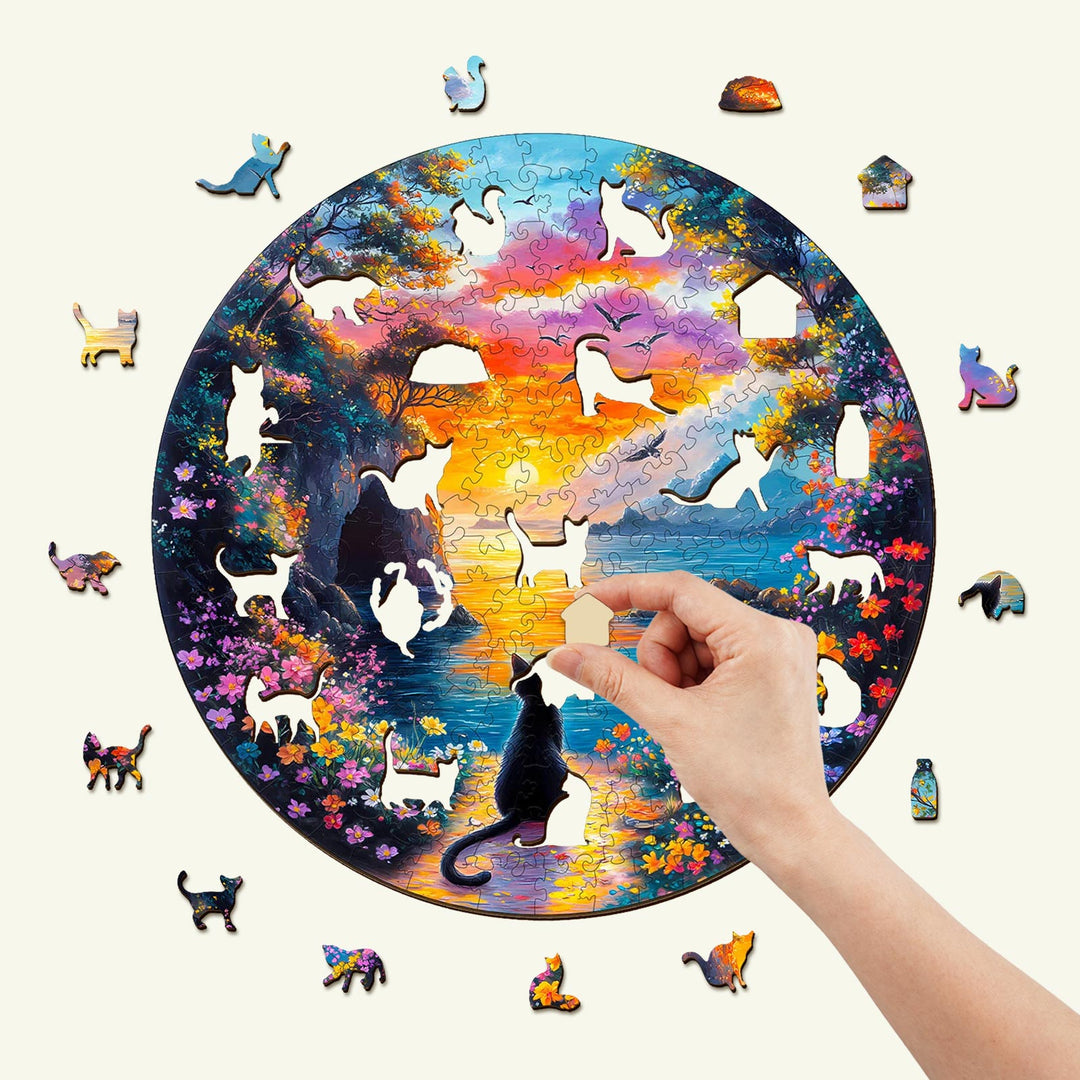 Rompecabezas de Madera de Gatito al Atardecer