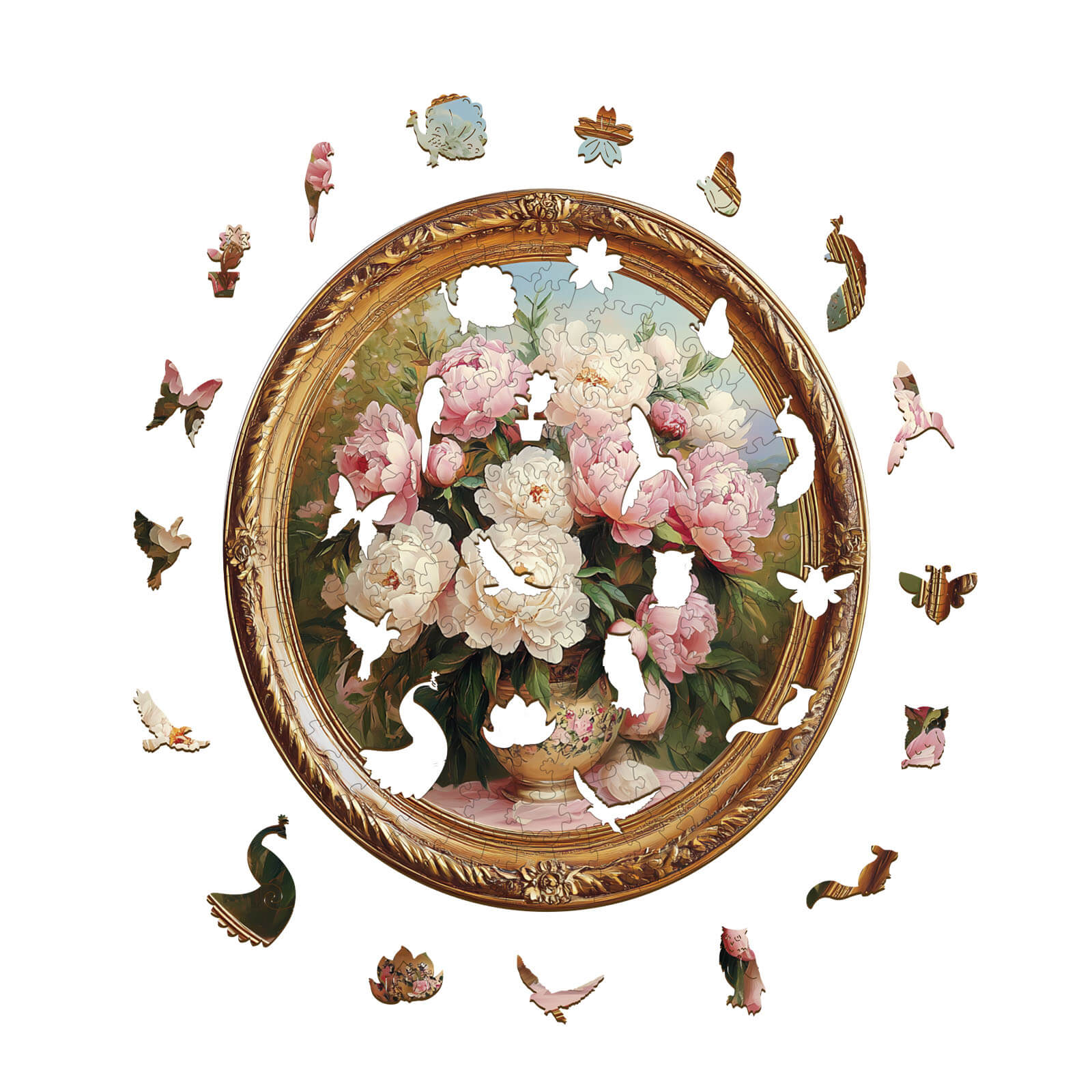 3D Tranquil Spring Day wooden jigsaw puzzle featuring a floral design with birds and decorative border.