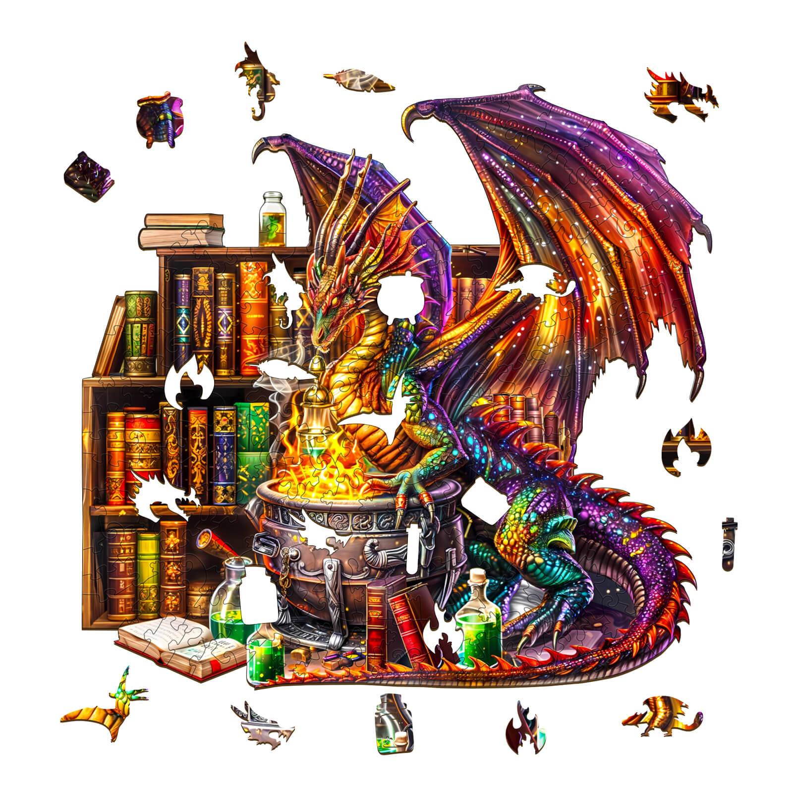 Colorful dragon guarding a potion cauldron surrounded by ancient books in a magical wooden jigsaw puzzle.