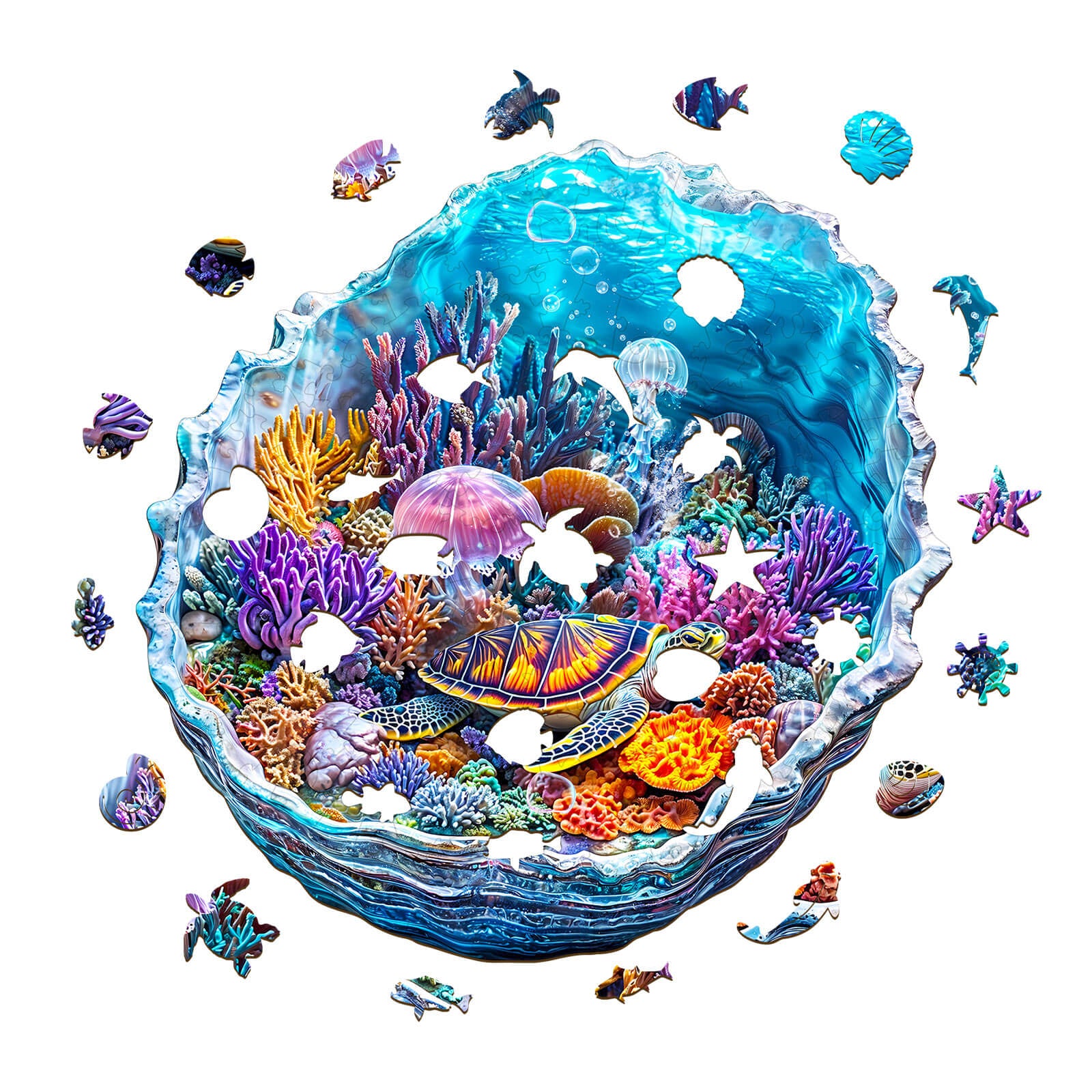 3D Ocean's Embrace wooden jigsaw puzzle with vibrant ocean scene featuring turtles, fish, and coral.