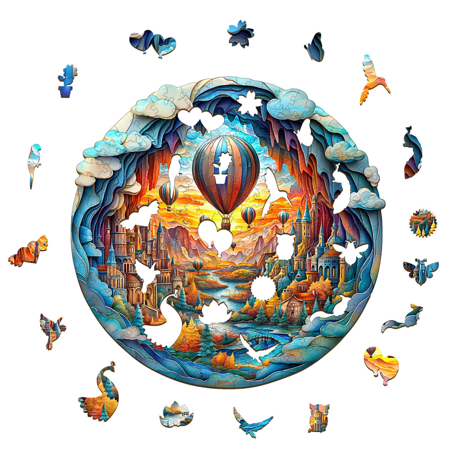 3D Balloon Town wooden jigsaw puzzle featuring colorful hot air balloons and intricate landscape design.
