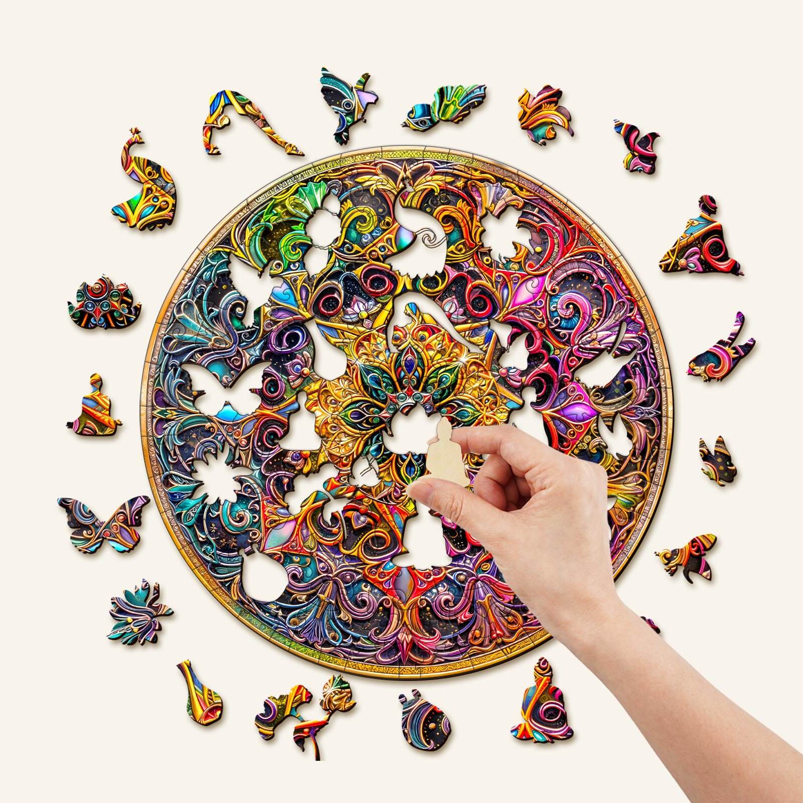 A hand placing a piece in the Mandala Dreamland wooden jigsaw puzzle, showcasing vibrant colors and intricate designs.