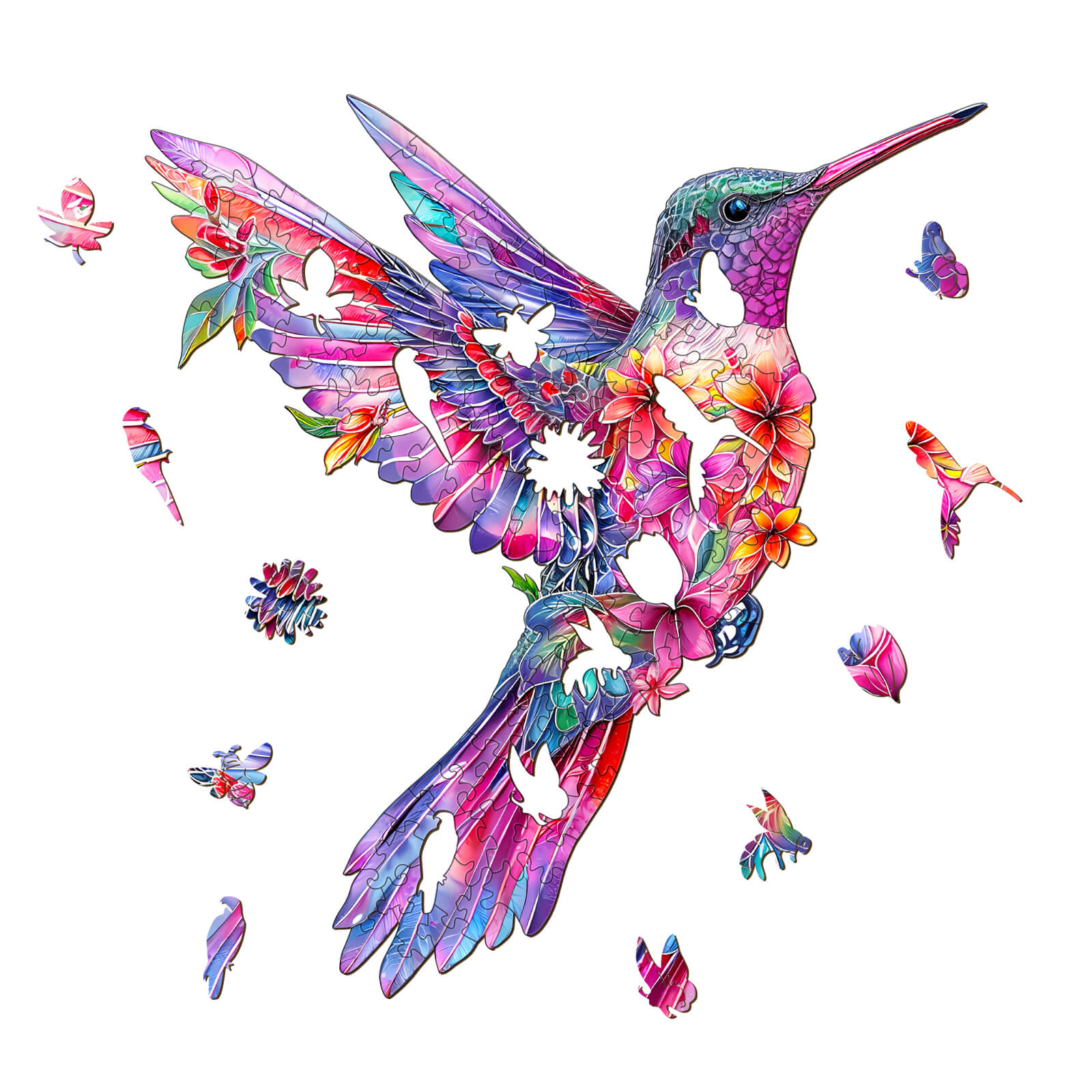 Colorful Hummingbird-3 wooden jigsaw puzzle pieces surrounded by missing pieces, designed for mindful puzzle solving.