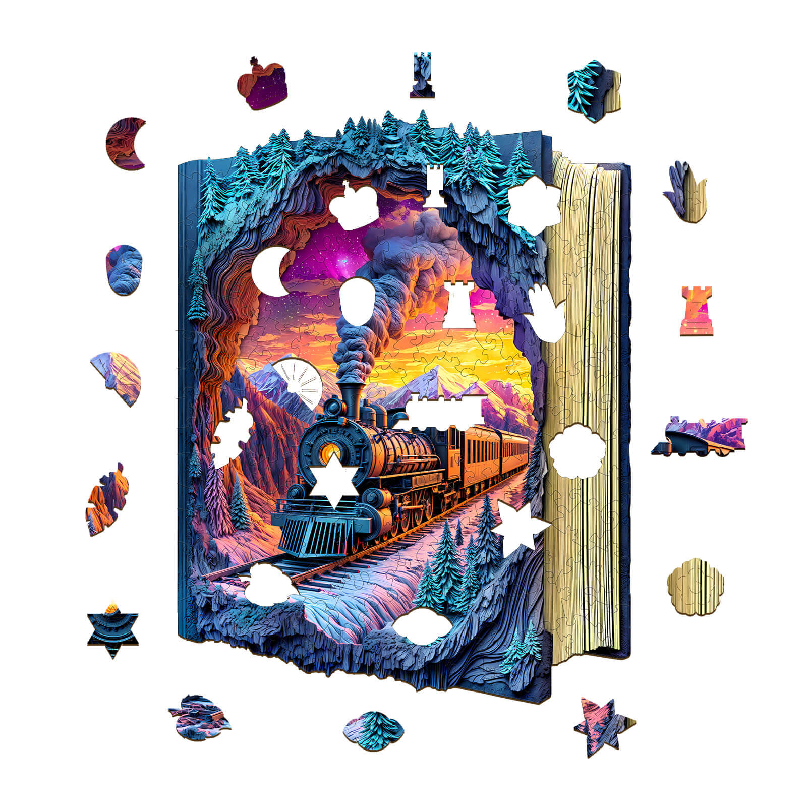 3D Aurora Train Wooden Jigsaw Puzzle with colorful pieces around, perfect for enhancing focus and cognitive skills.