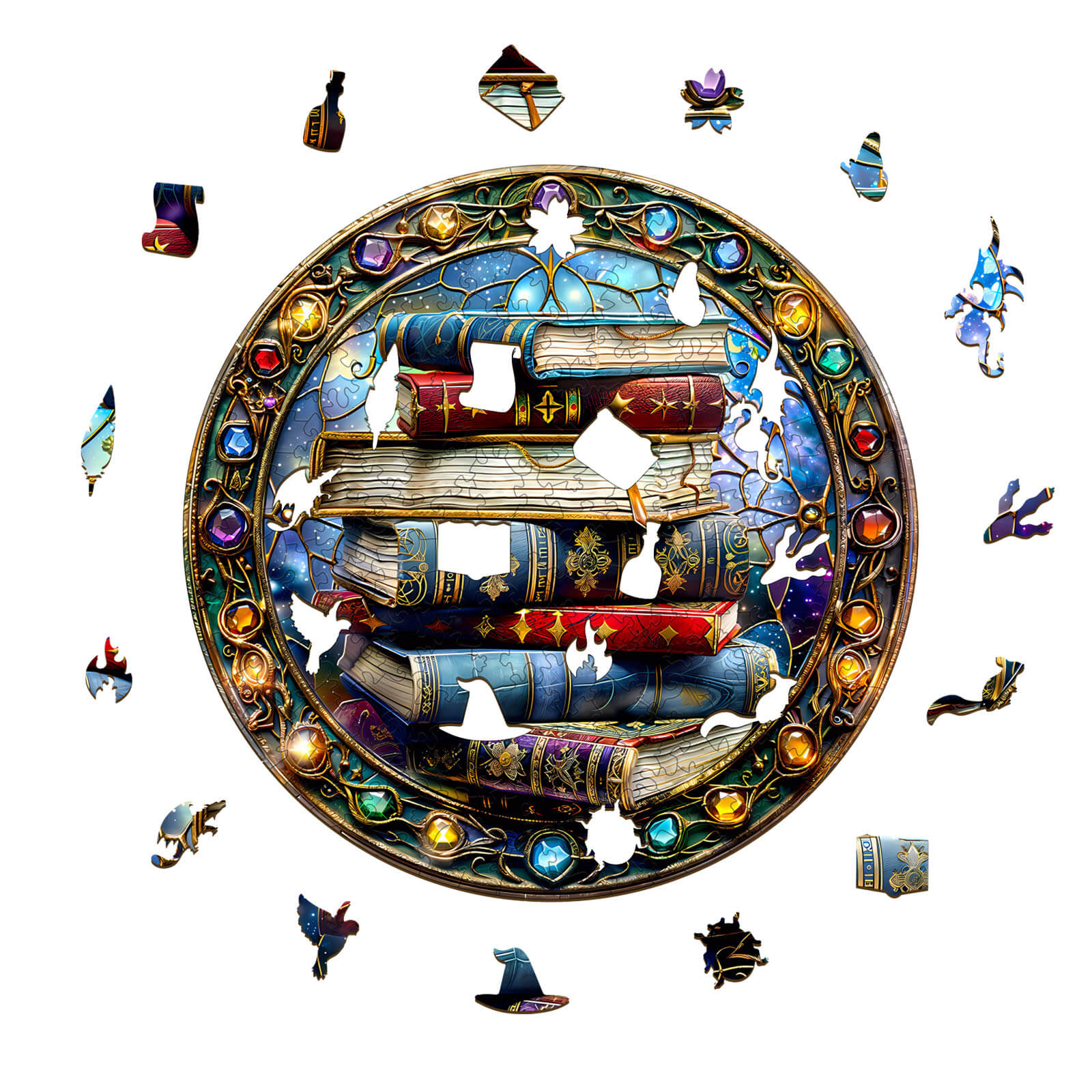 Magic tome-2 wooden jigsaw puzzle featuring colorful books and whimsical pieces for focused mind games.
