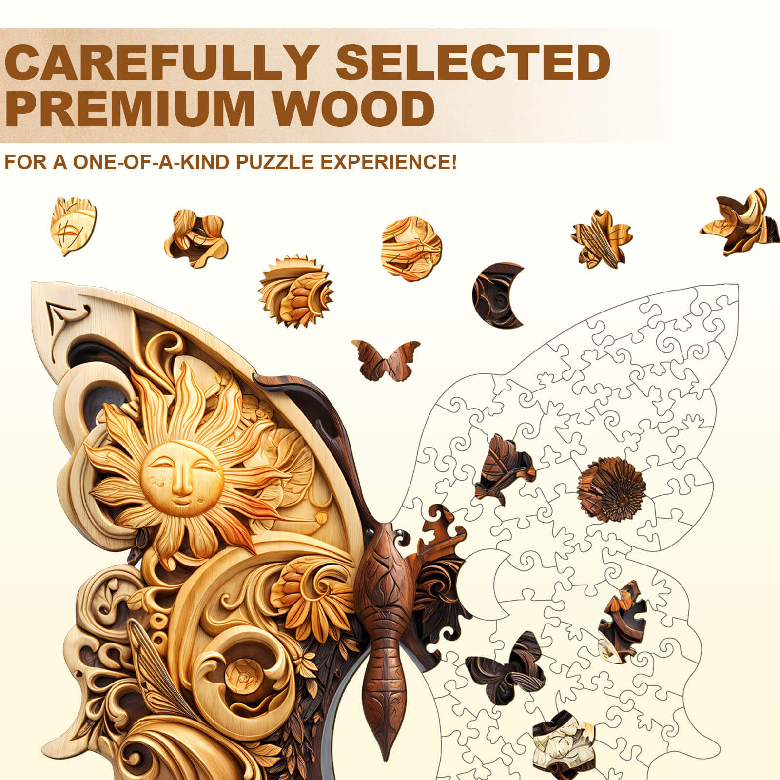 Yin Yang Butterfly wooden jigsaw puzzle pieces showcasing premium wood for an engaging puzzle experience.