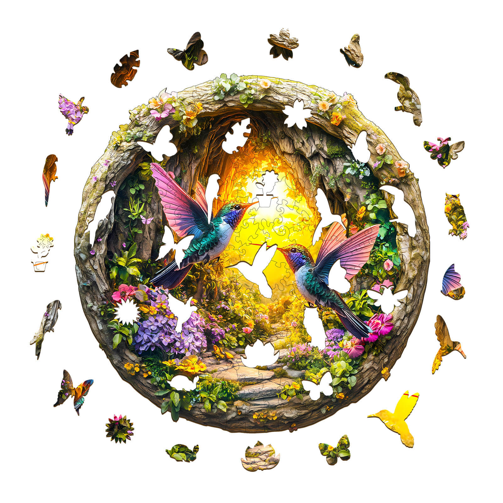 3D Hummingbird in the Cave wooden jigsaw puzzle with colorful hummingbirds and butterflies among flowers.