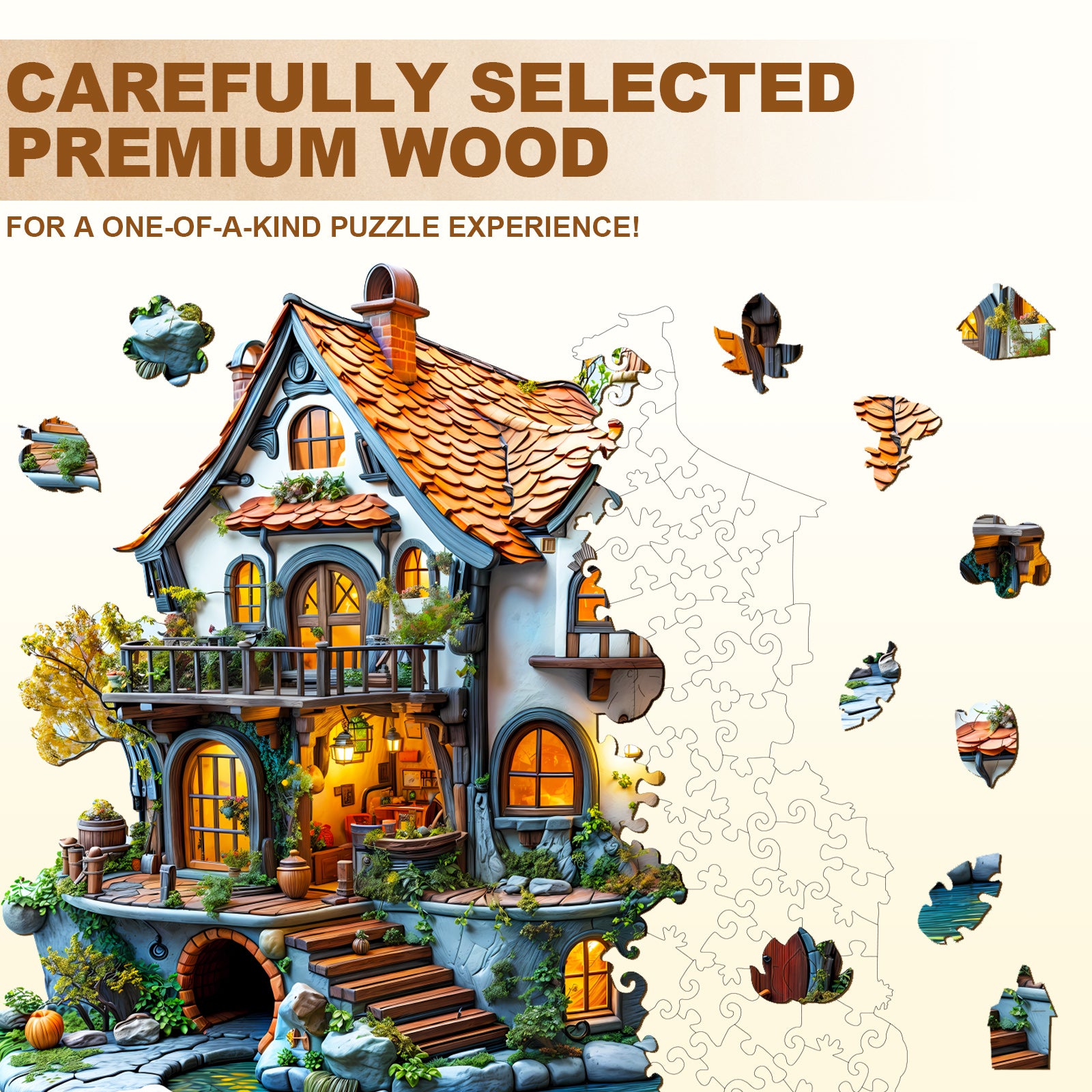 3D Glow Cottage wooden jigsaw puzzle with intricate design and premium wood for a unique puzzle experience.